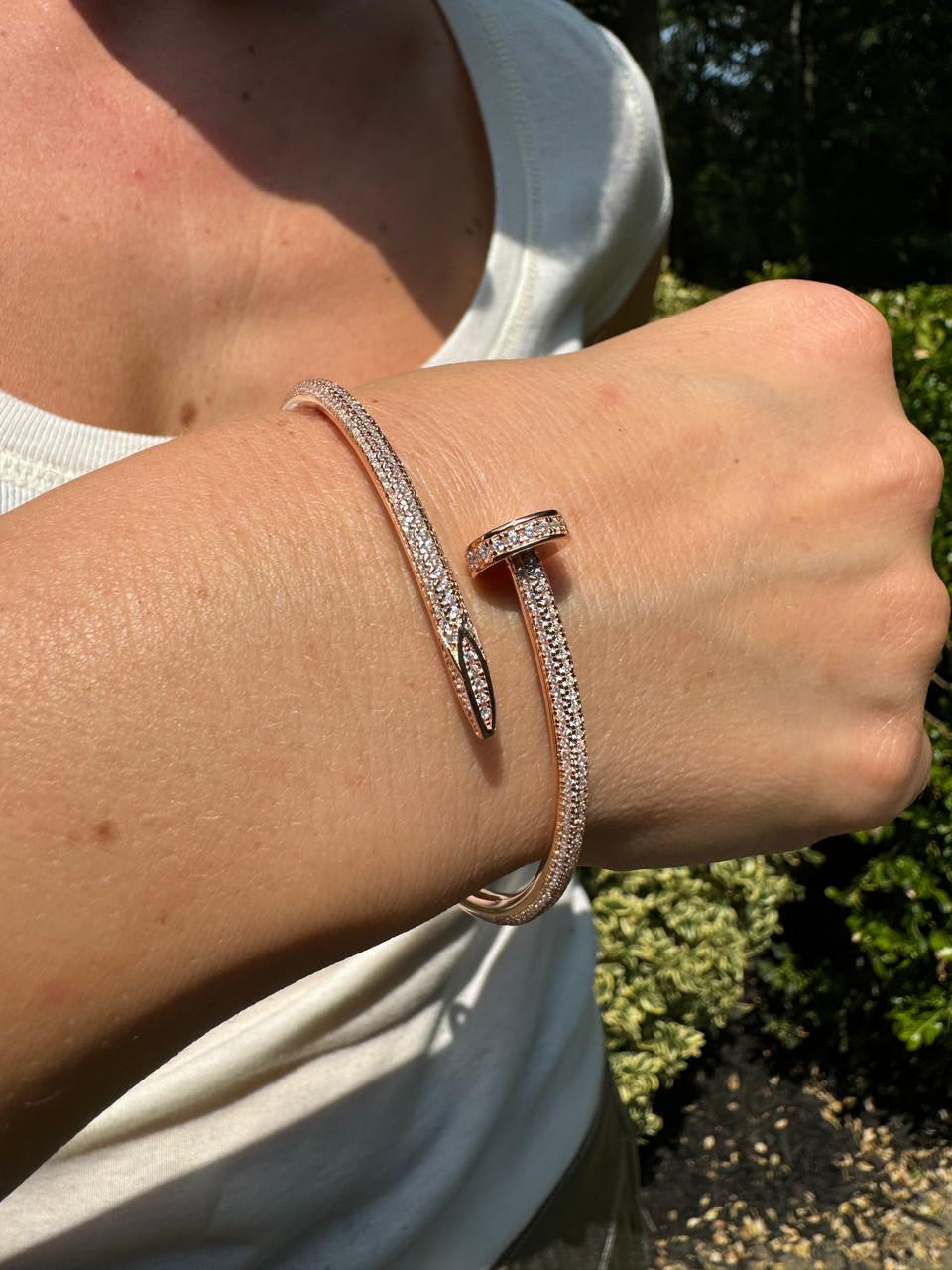 Nail Bangle Bracelet Iced Out CZ Stones - 14k Rose Gold Vermeil 925 Silver - 6"-7.5"