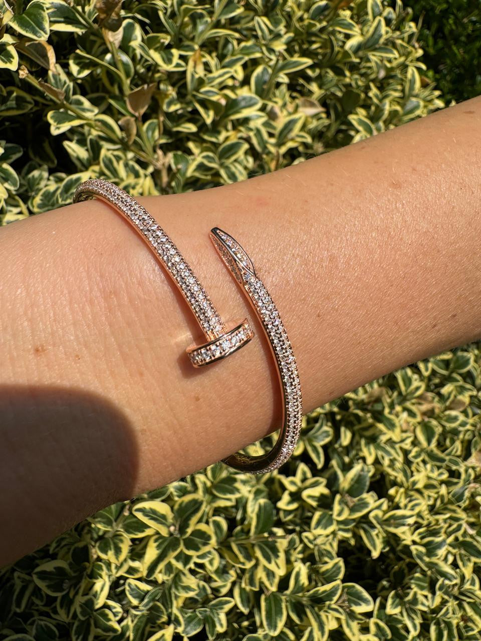 Nail Bangle Bracelet Iced Out CZ Stones - 14k Rose Gold Vermeil 925 Silver - 6"-7.5"