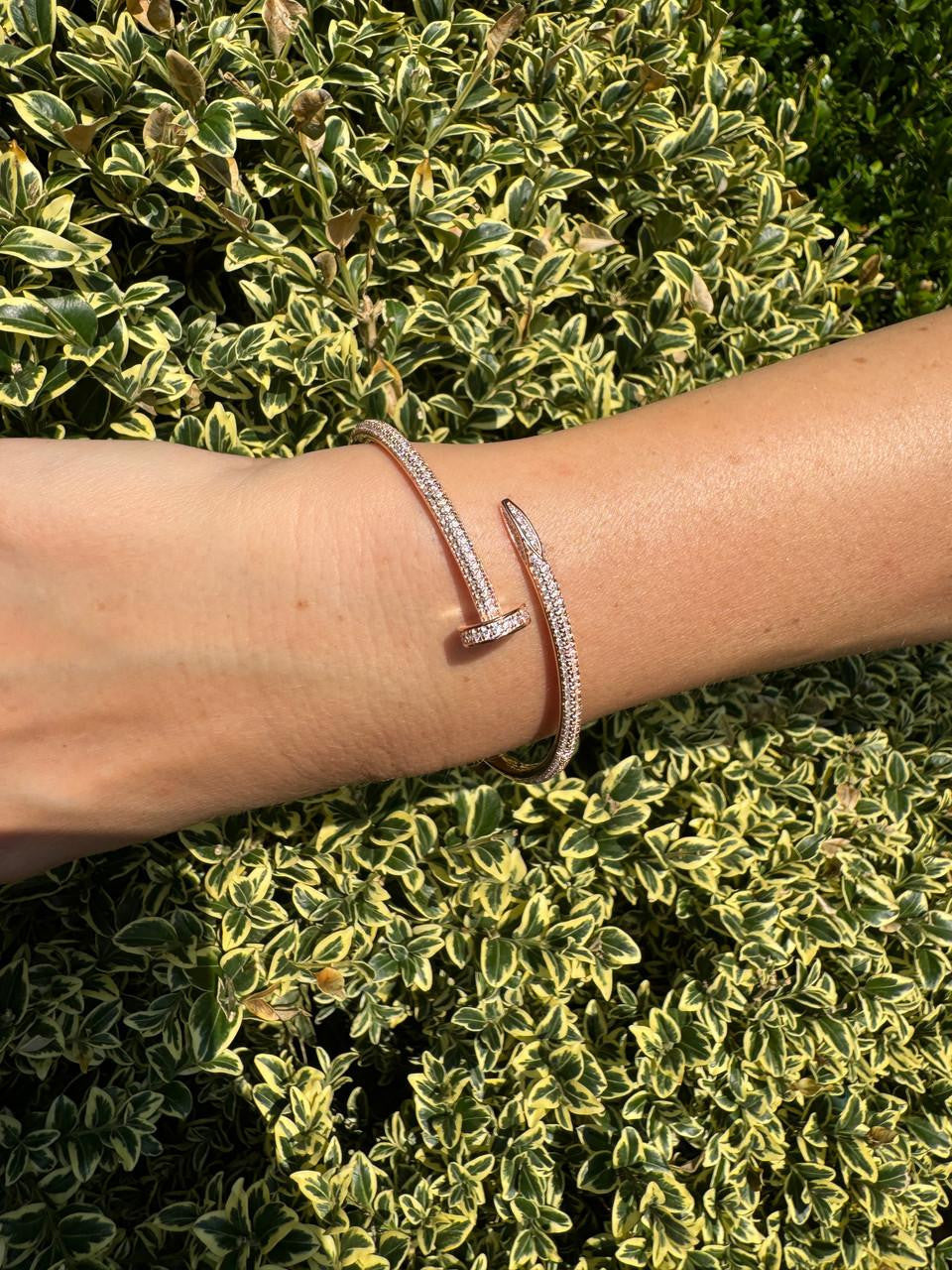 Nail Bangle Bracelet Iced Out CZ Stones - 14k Rose Gold Vermeil 925 Silver - 6"-7.5"