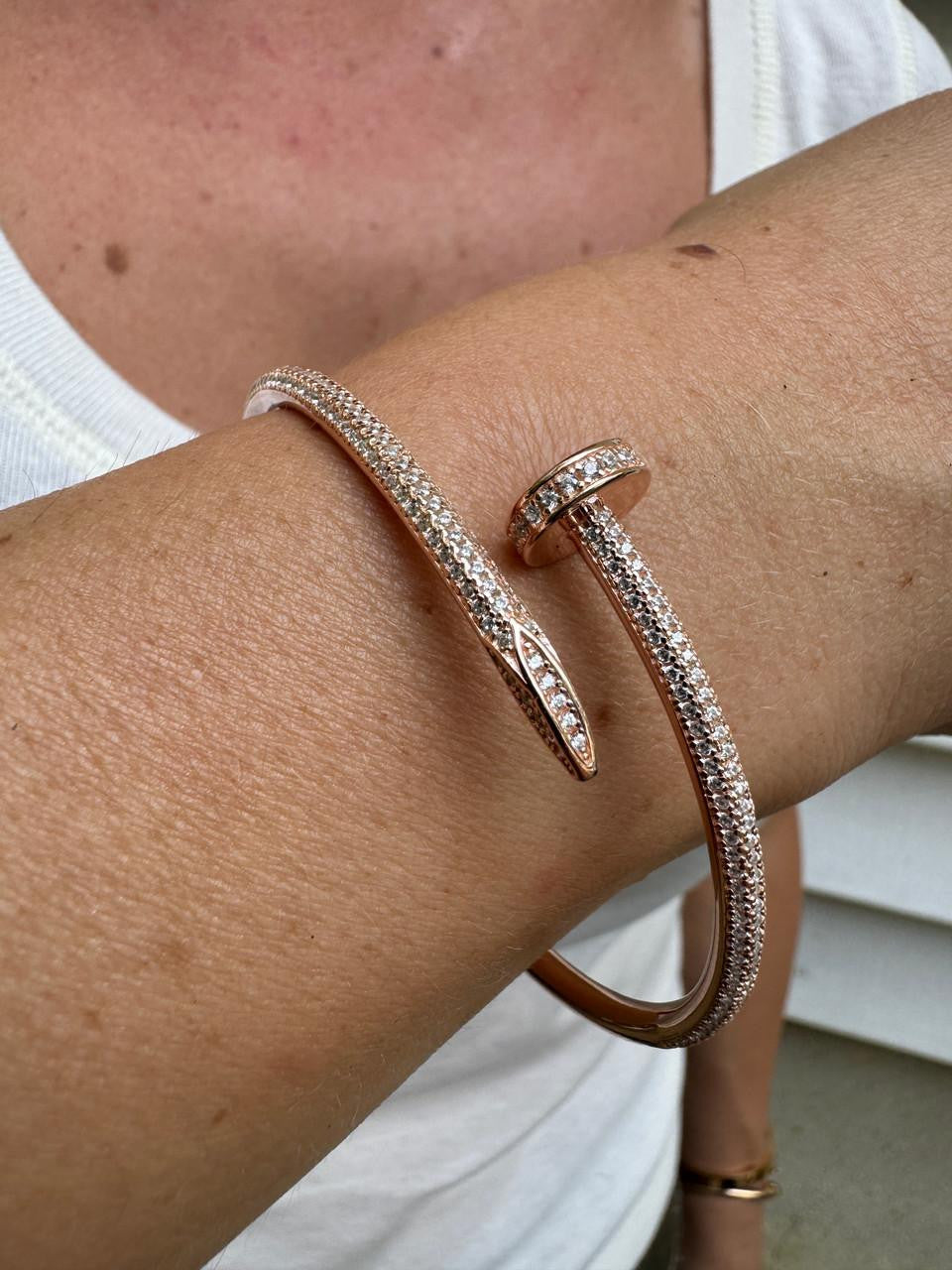 Nail Bangle Bracelet Iced Out CZ Stones - 14k Rose Gold Vermeil 925 Silver - 6"-7.5"