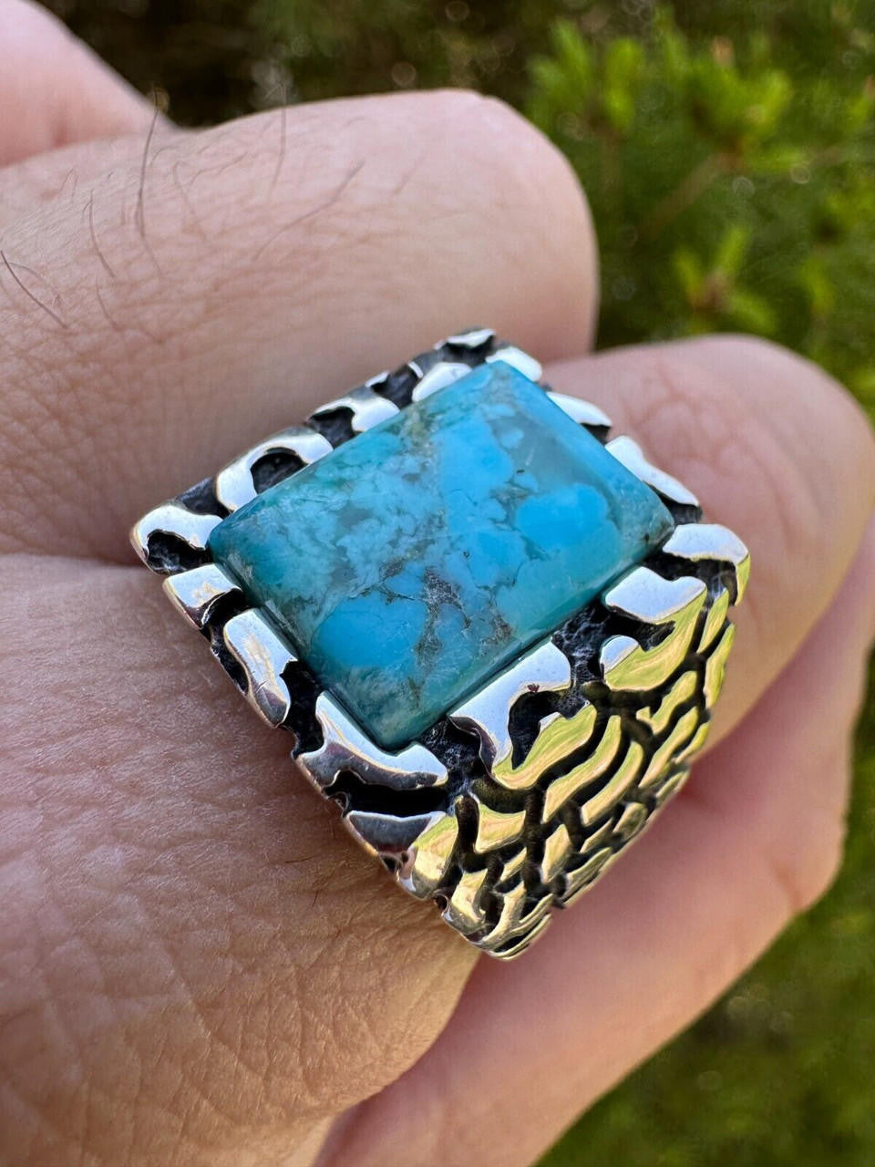Goldminer's Nugget Ring - 925 Silver Oxidized - Genuine Blue Turquoise Stone