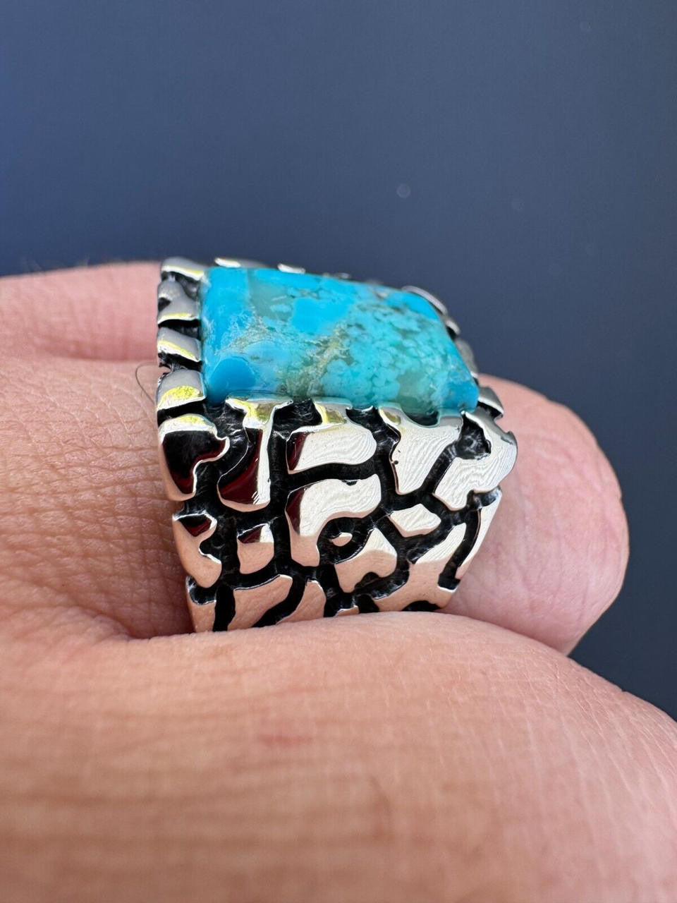 Goldminer's Nugget Ring - 925 Silver Oxidized - Genuine Blue Turquoise Stone