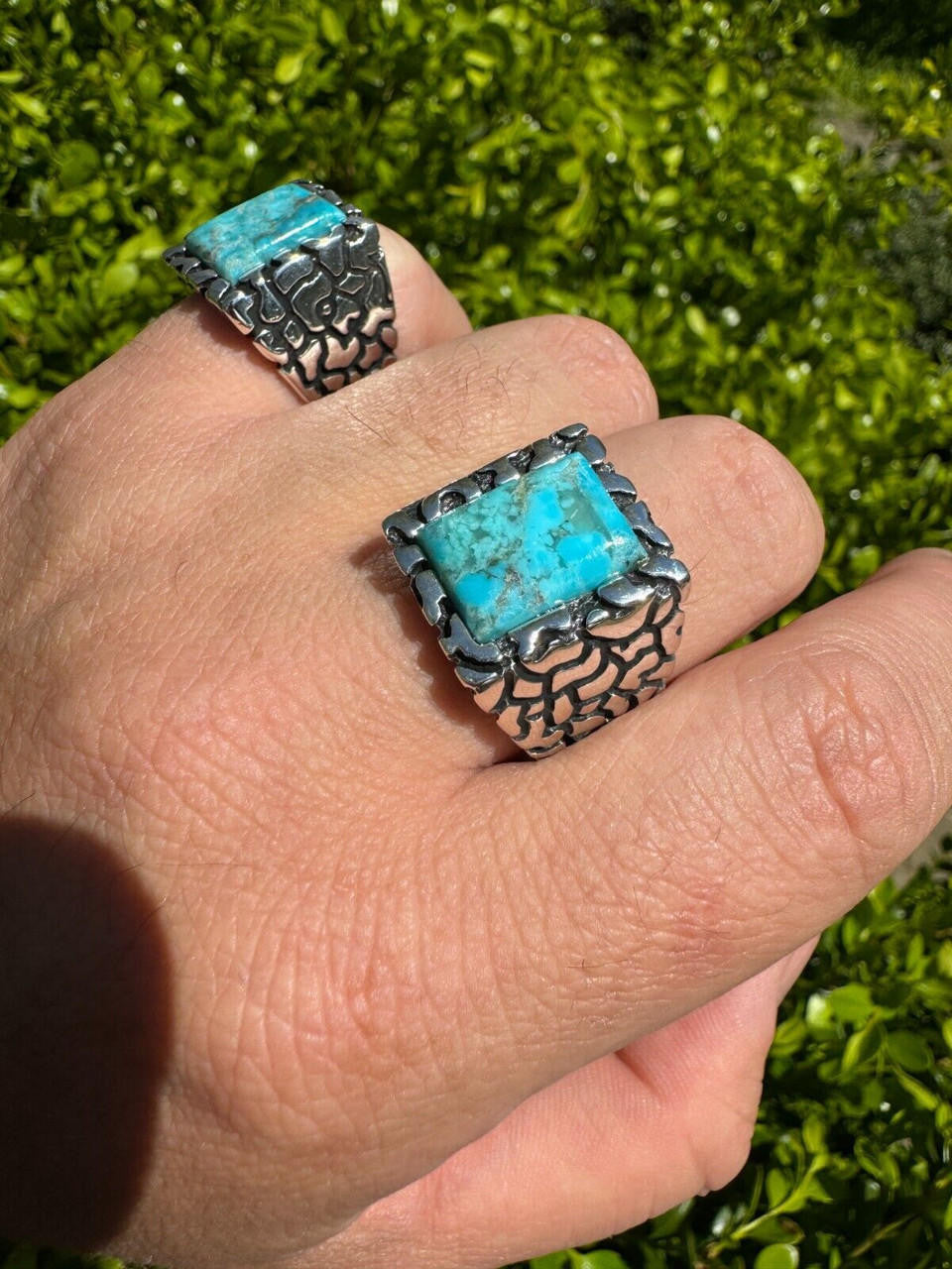 Goldminer's Nugget Ring - 925 Silver Oxidized - Genuine Blue Turquoise Stone