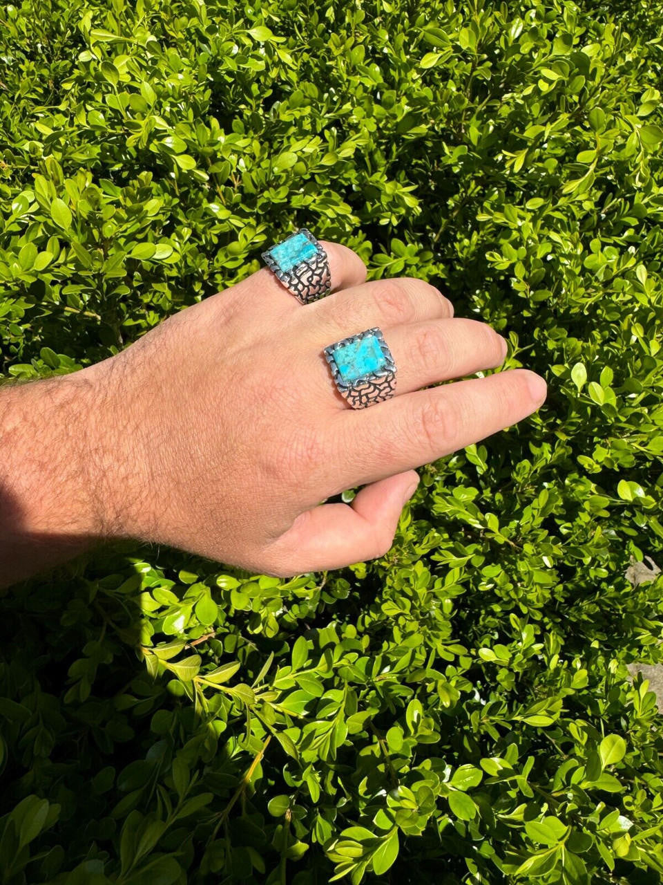 Goldminer's Nugget Ring - 925 Silver Oxidized - Genuine Blue Turquoise Stone