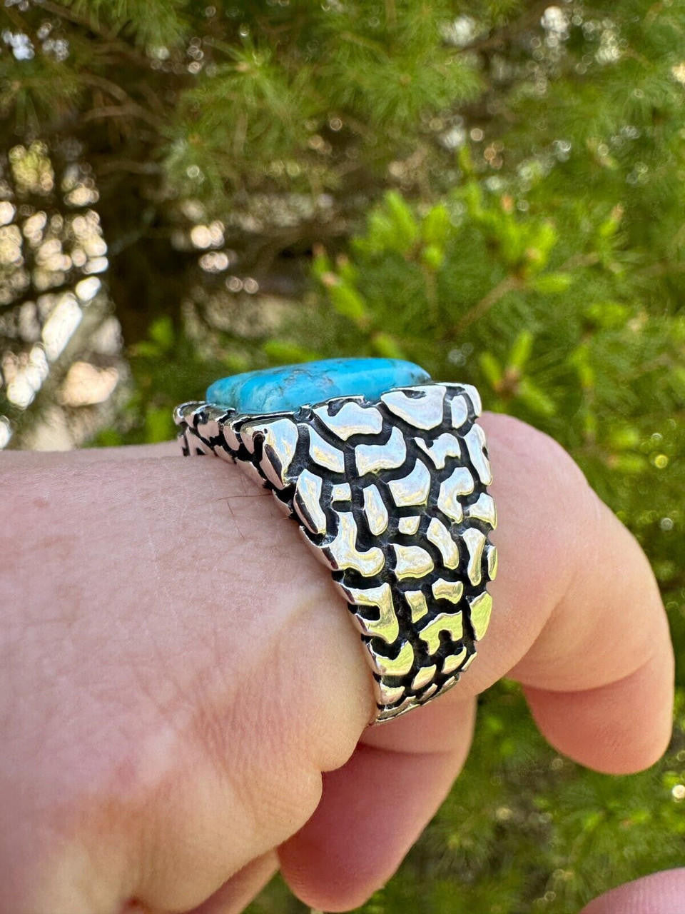 Goldminer's Nugget Ring - 925 Silver Oxidized - Genuine Blue Turquoise Stone
