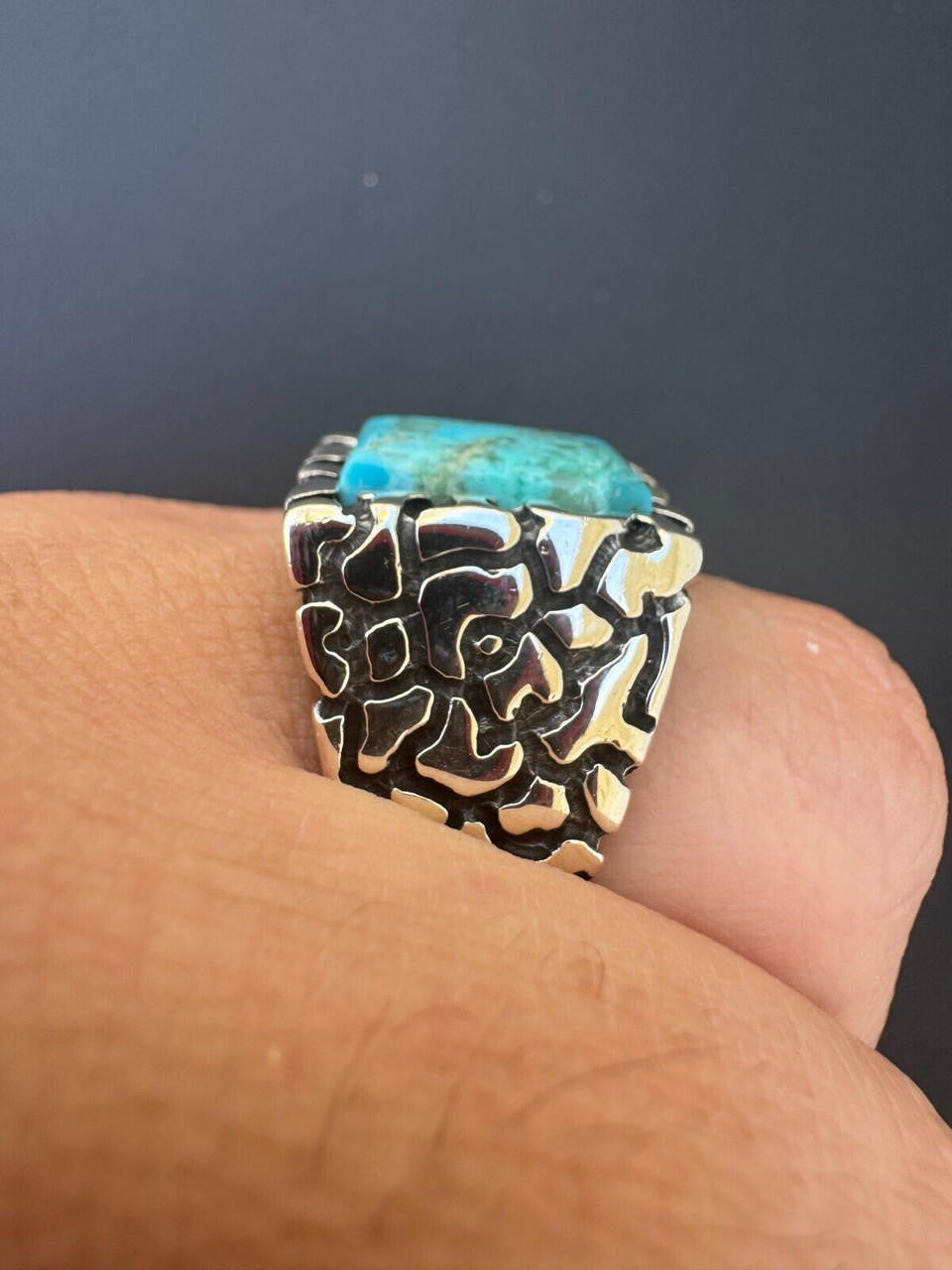 Goldminer's Nugget Ring - 925 Silver Oxidized - Genuine Blue Turquoise Stone