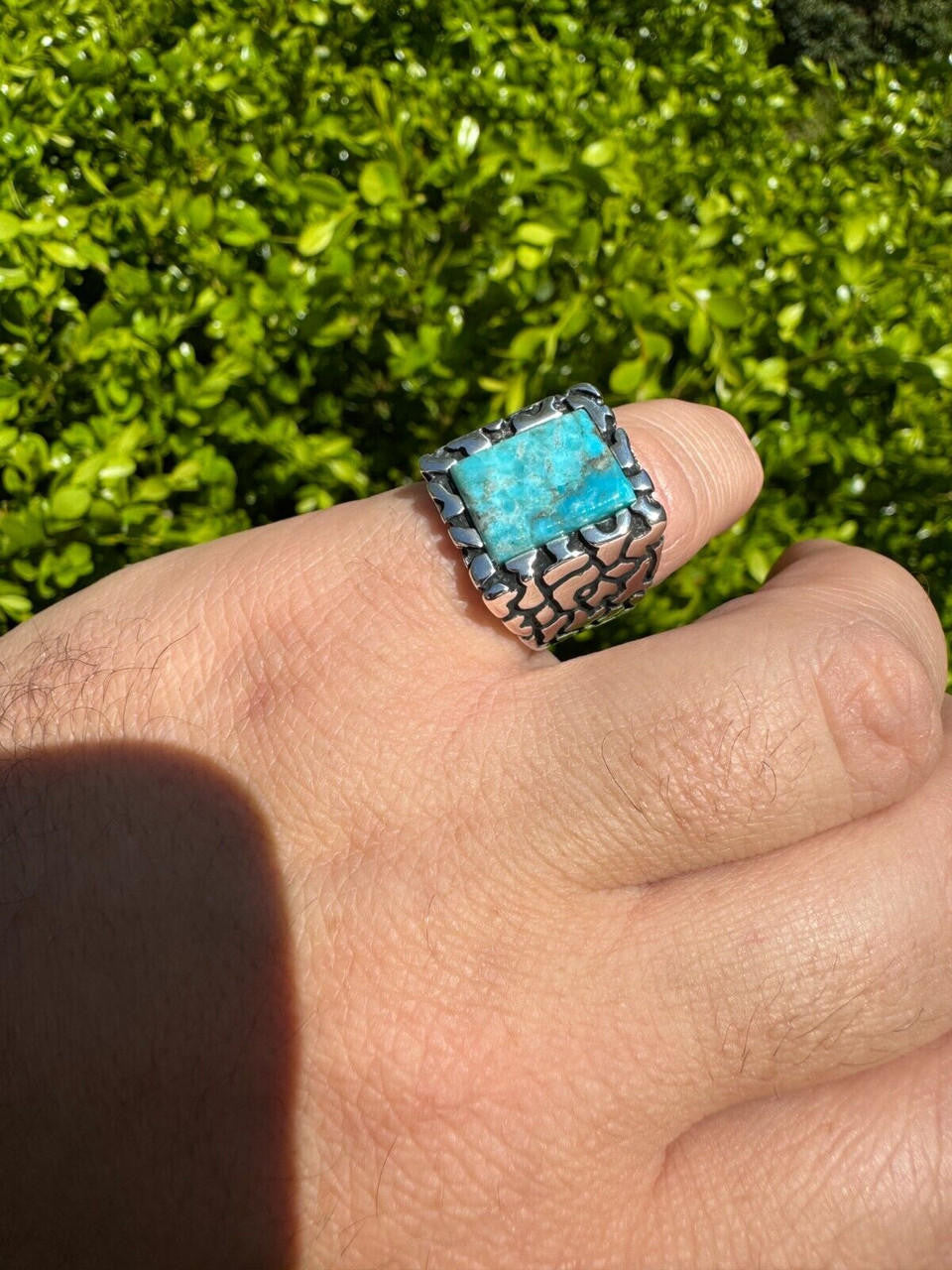 Goldminer's Nugget Ring - 925 Silver Oxidized - Genuine Blue Turquoise Stone