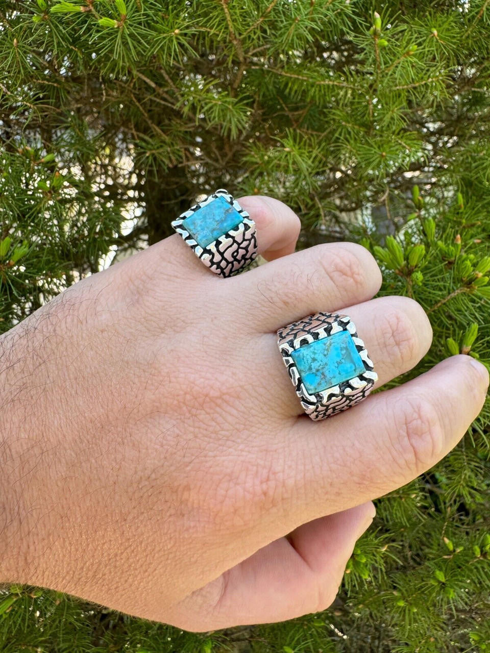Goldminer's Nugget Ring - 925 Silver Oxidized - Genuine Blue Turquoise Stone