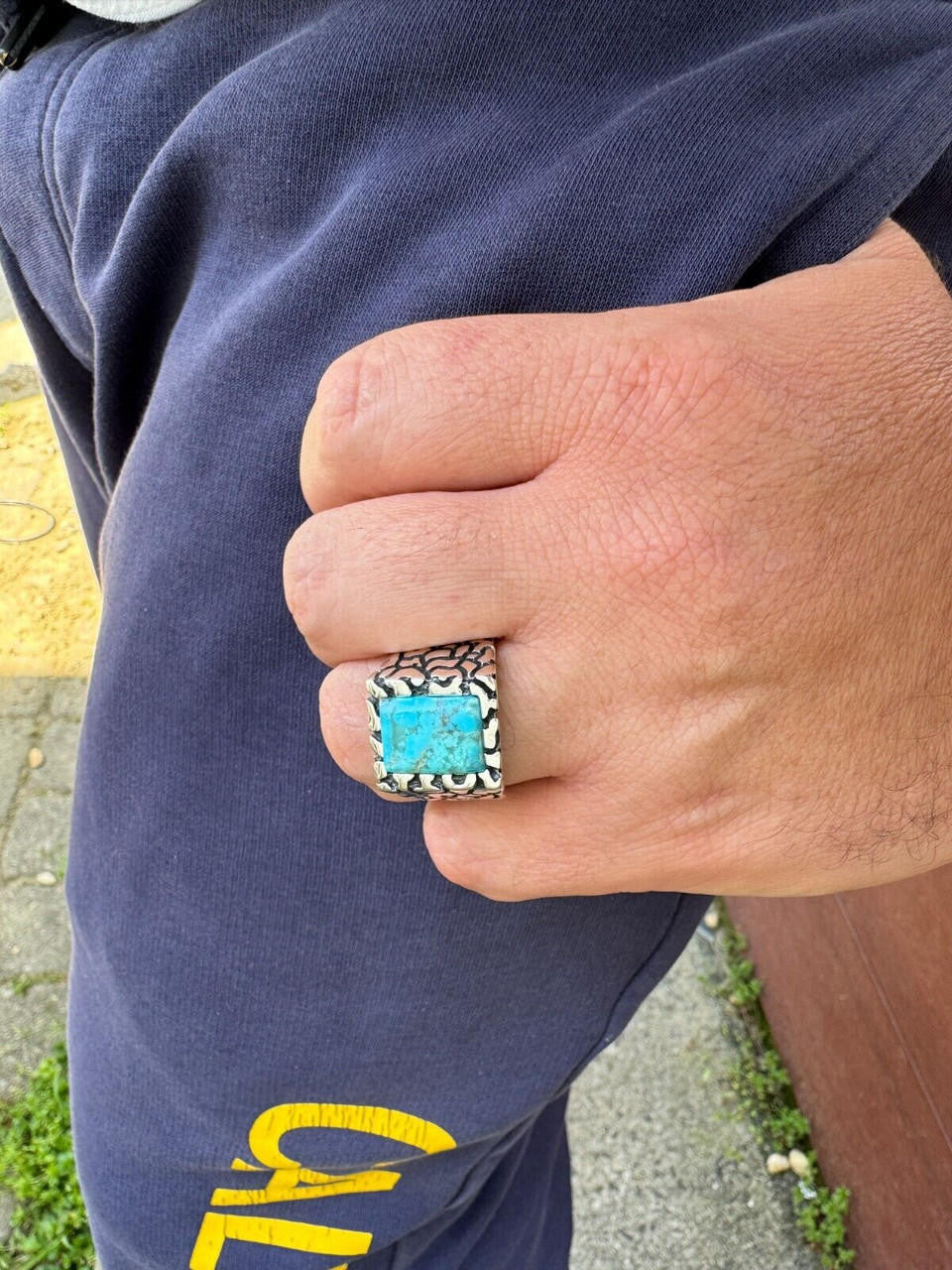 Goldminer's Nugget Ring - 925 Silver Oxidized - Genuine Blue Turquoise Stone