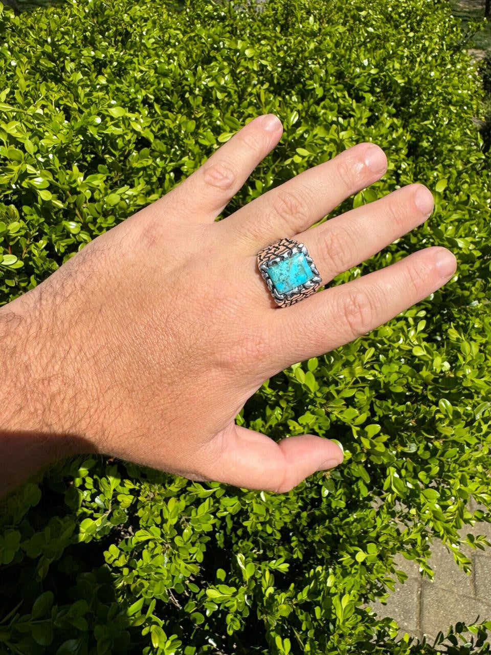 Goldminer's Nugget Ring - 925 Silver Oxidized - Genuine Blue Turquoise Stone