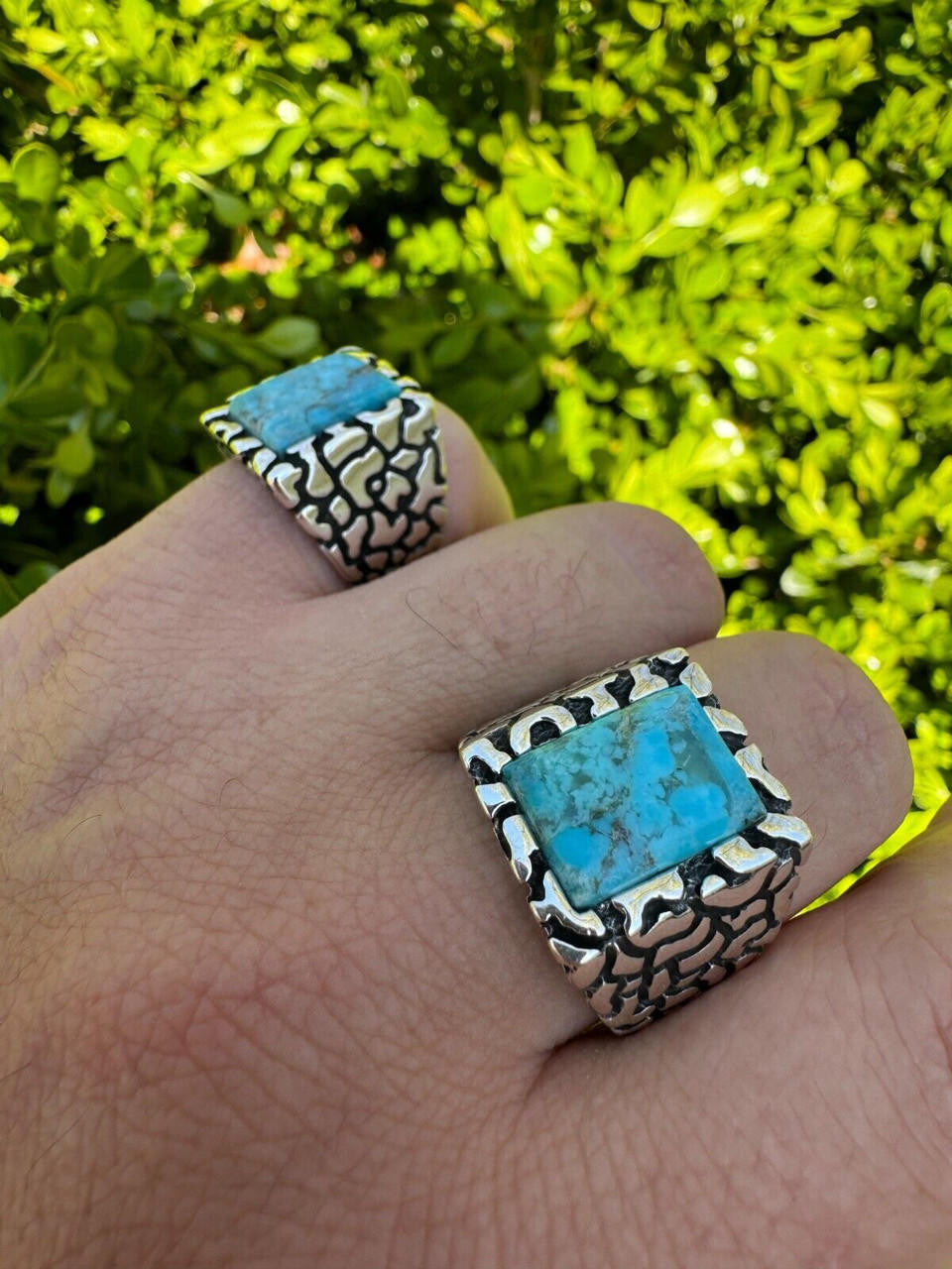 Goldminer's Nugget Ring - 925 Silver Oxidized - Genuine Blue Turquoise Stone