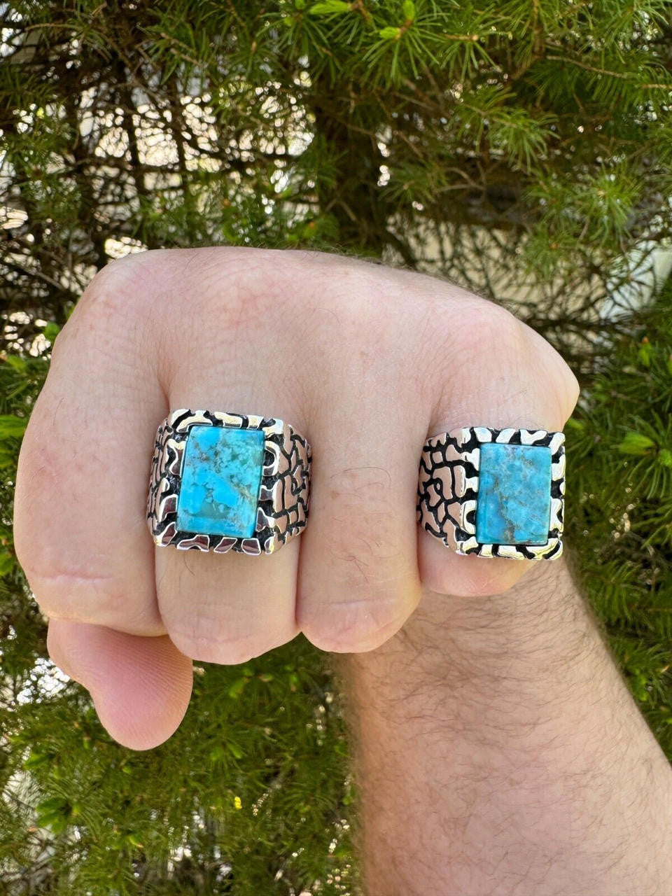 Goldminer's Nugget Ring - 925 Silver Oxidized - Genuine Blue Turquoise Stone