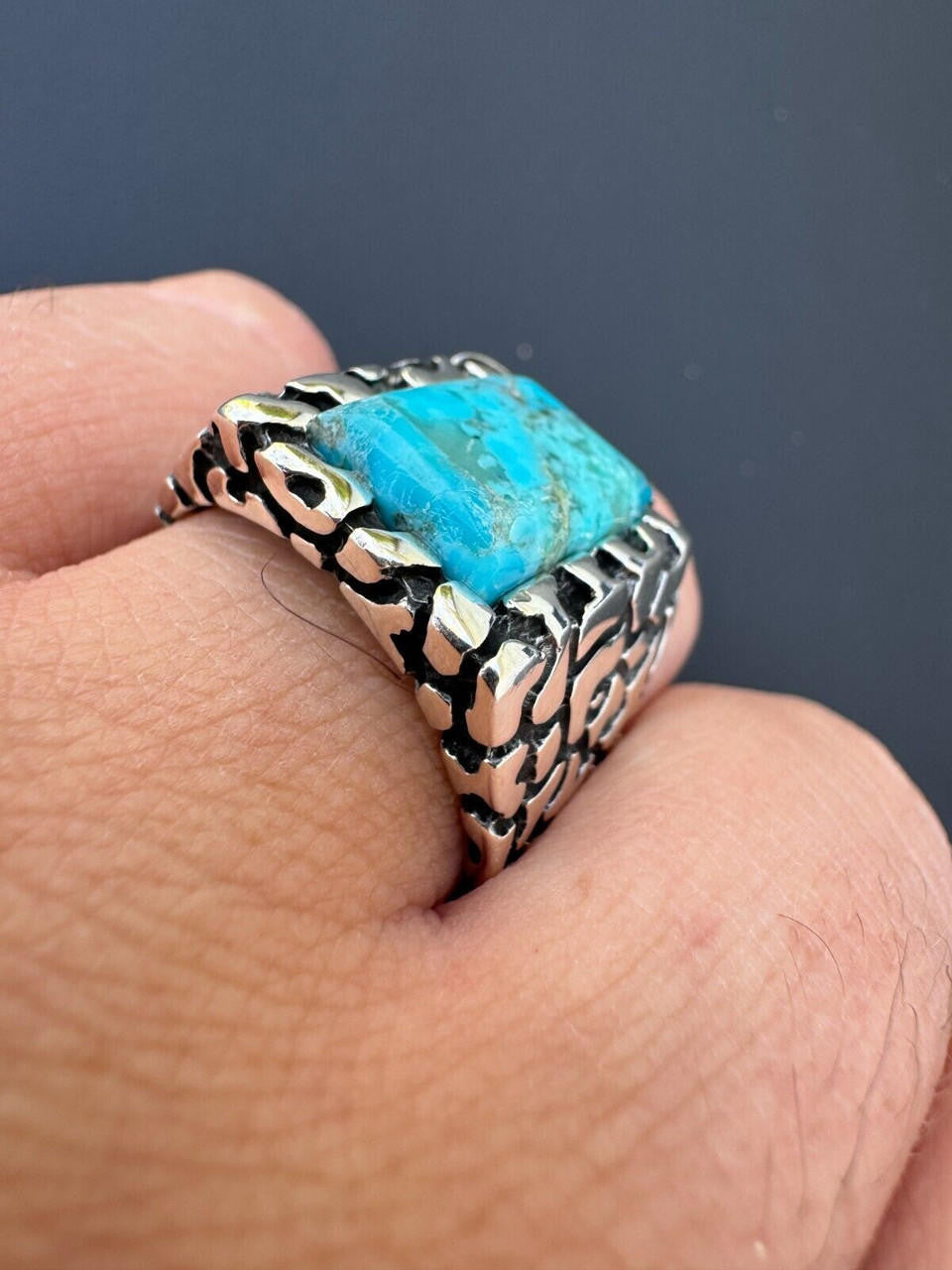 Goldminer's Nugget Ring - 925 Silver Oxidized - Genuine Blue Turquoise Stone