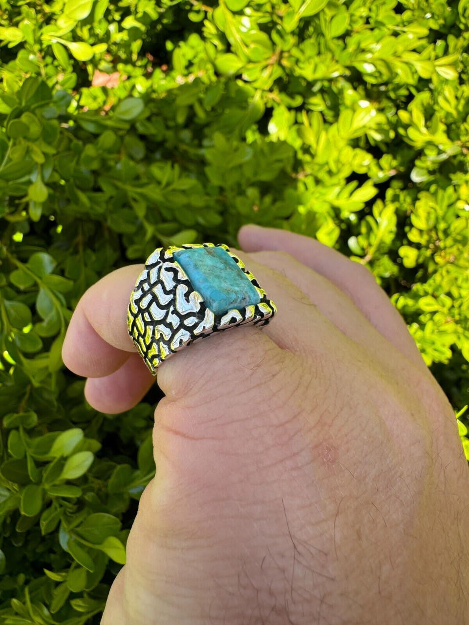 Goldminer's Nugget Ring - 925 Silver Oxidized - Genuine Blue Turquoise Stone