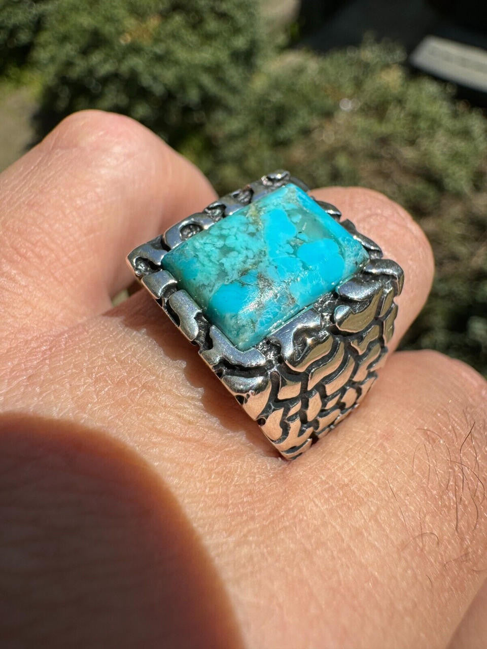 Goldminer's Nugget Ring - 925 Silver Oxidized - Genuine Blue Turquoise Stone