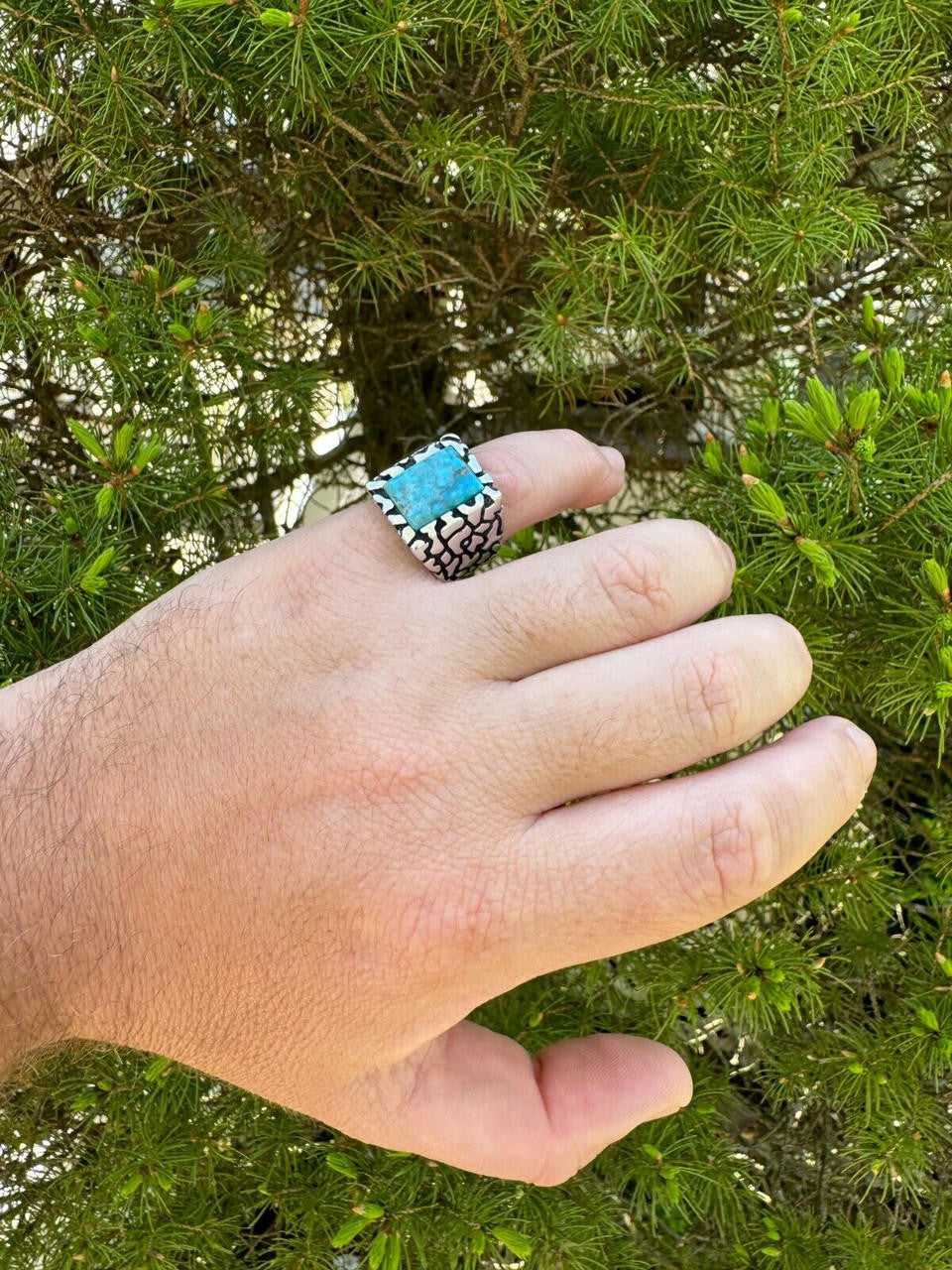 Goldminer's Nugget Ring - 925 Silver Oxidized - Genuine Blue Turquoise Stone
