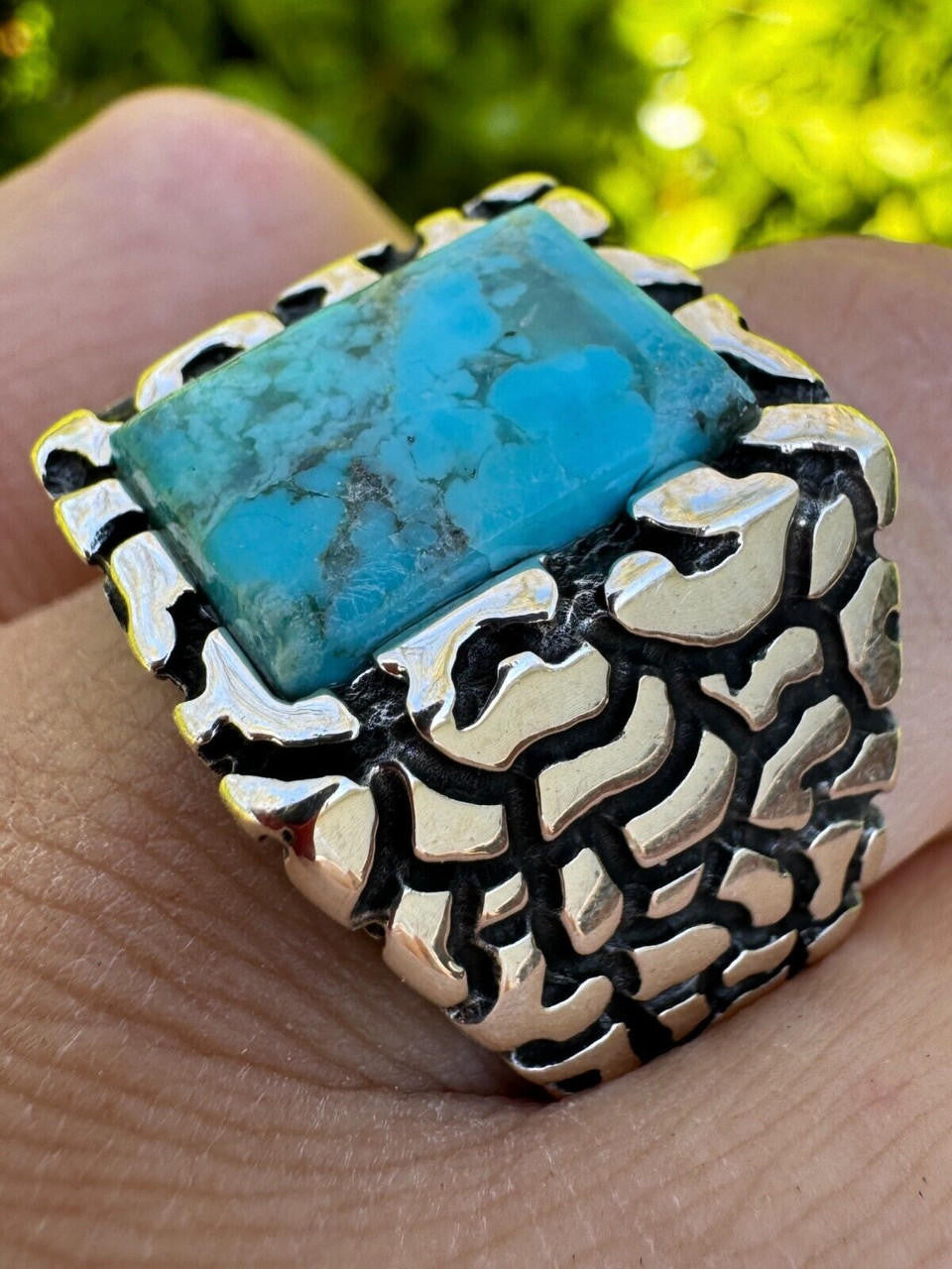 Goldminer's Nugget Ring - 925 Silver Oxidized - Genuine Blue Turquoise Stone