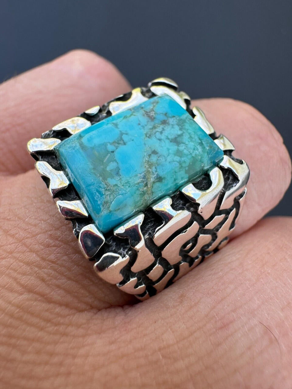 Goldminer's Nugget Ring - 925 Silver Oxidized - Genuine Blue Turquoise Stone