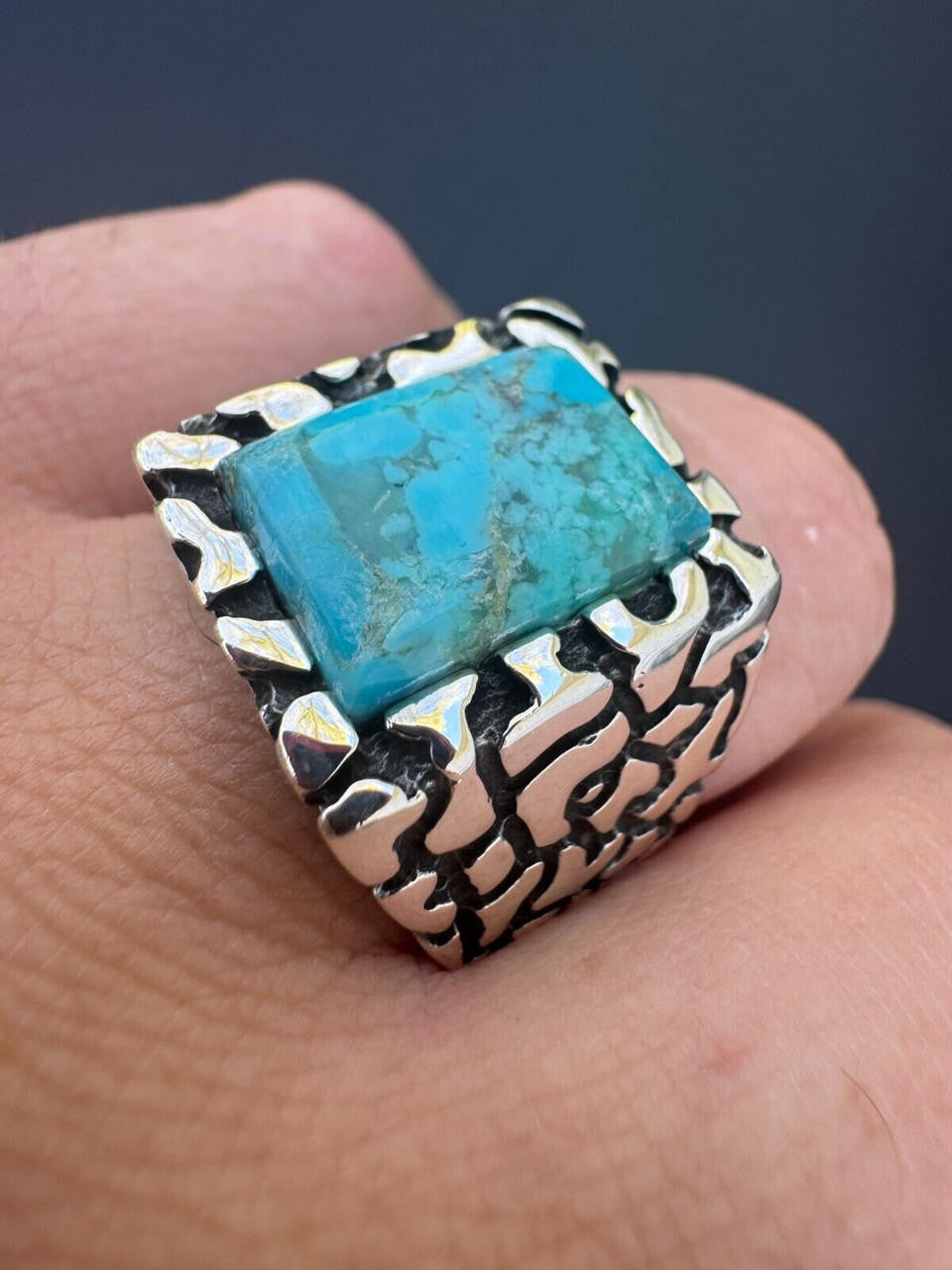 Goldminer's Nugget Ring - 925 Silver Oxidized - Genuine Blue Turquoise Stone