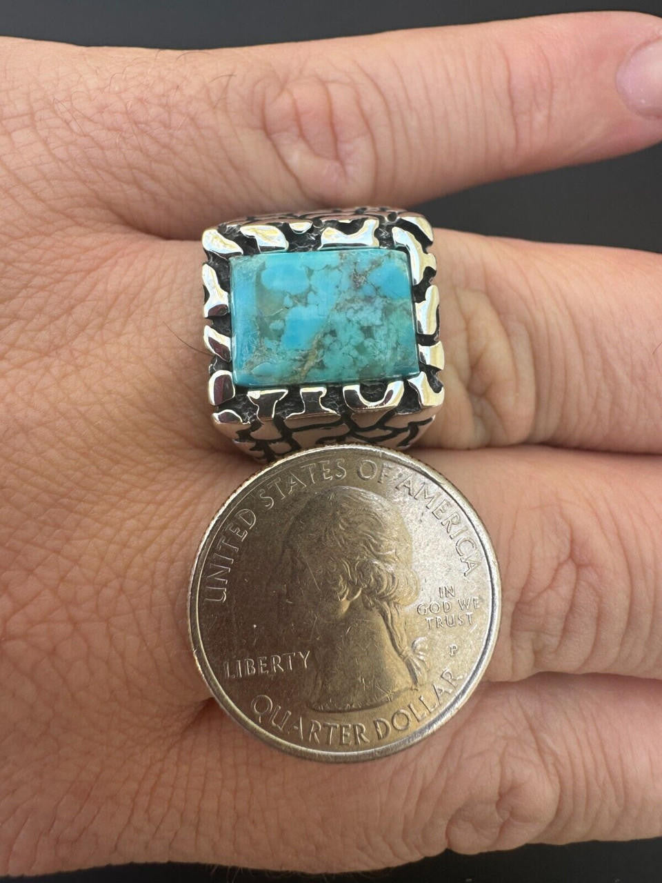 Goldminer's Nugget Ring - 925 Silver Oxidized - Genuine Blue Turquoise Stone