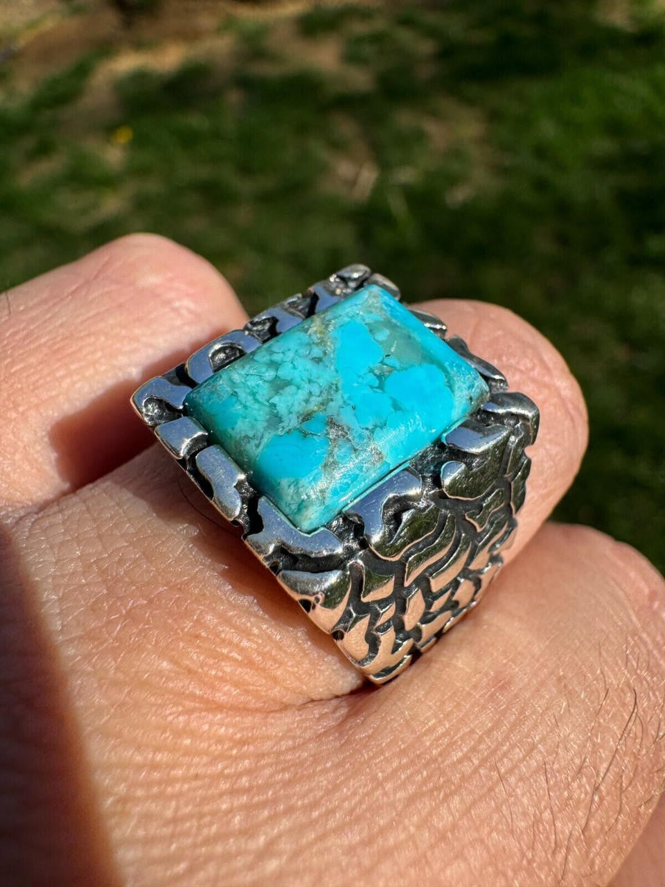 Goldminer's Nugget Ring - 925 Silver Oxidized - Genuine Blue Turquoise Stone