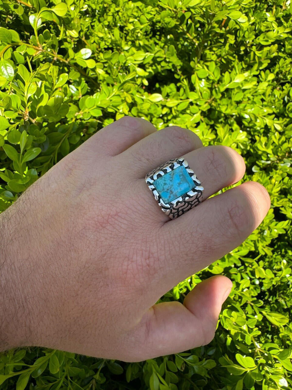 Goldminer's Nugget Ring - 925 Silver Oxidized - Genuine Blue Turquoise Stone