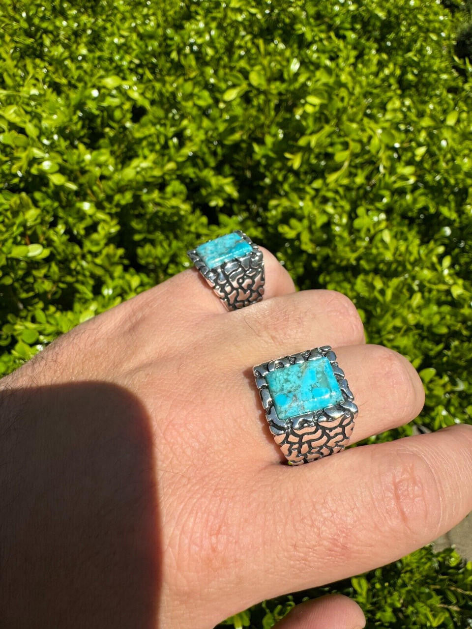 Goldminer's Nugget Ring - 925 Silver Oxidized - Genuine Blue Turquoise Stone