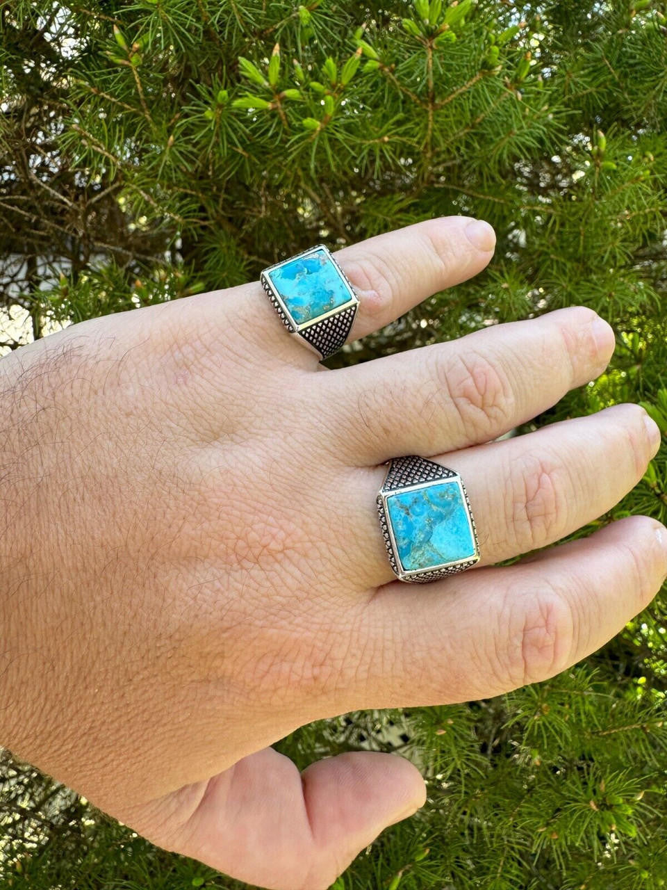 Classic Brick Road Ring - 925 Silver Oxidized - Genuine Blue Turquoise Stone