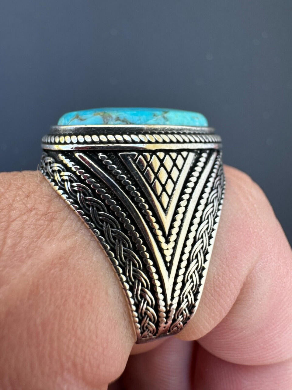 Wisdom Is Power Ring - 925 Silver Oxidized - Genuine Blue Turquoise Stone