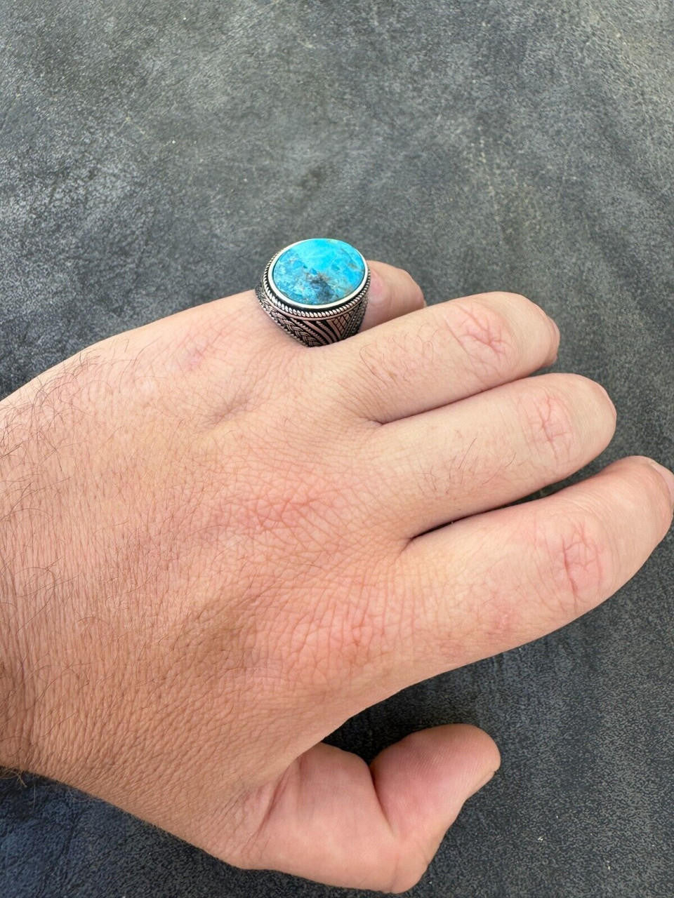 Wisdom Is Power Ring - 925 Silver Oxidized - Genuine Blue Turquoise Stone