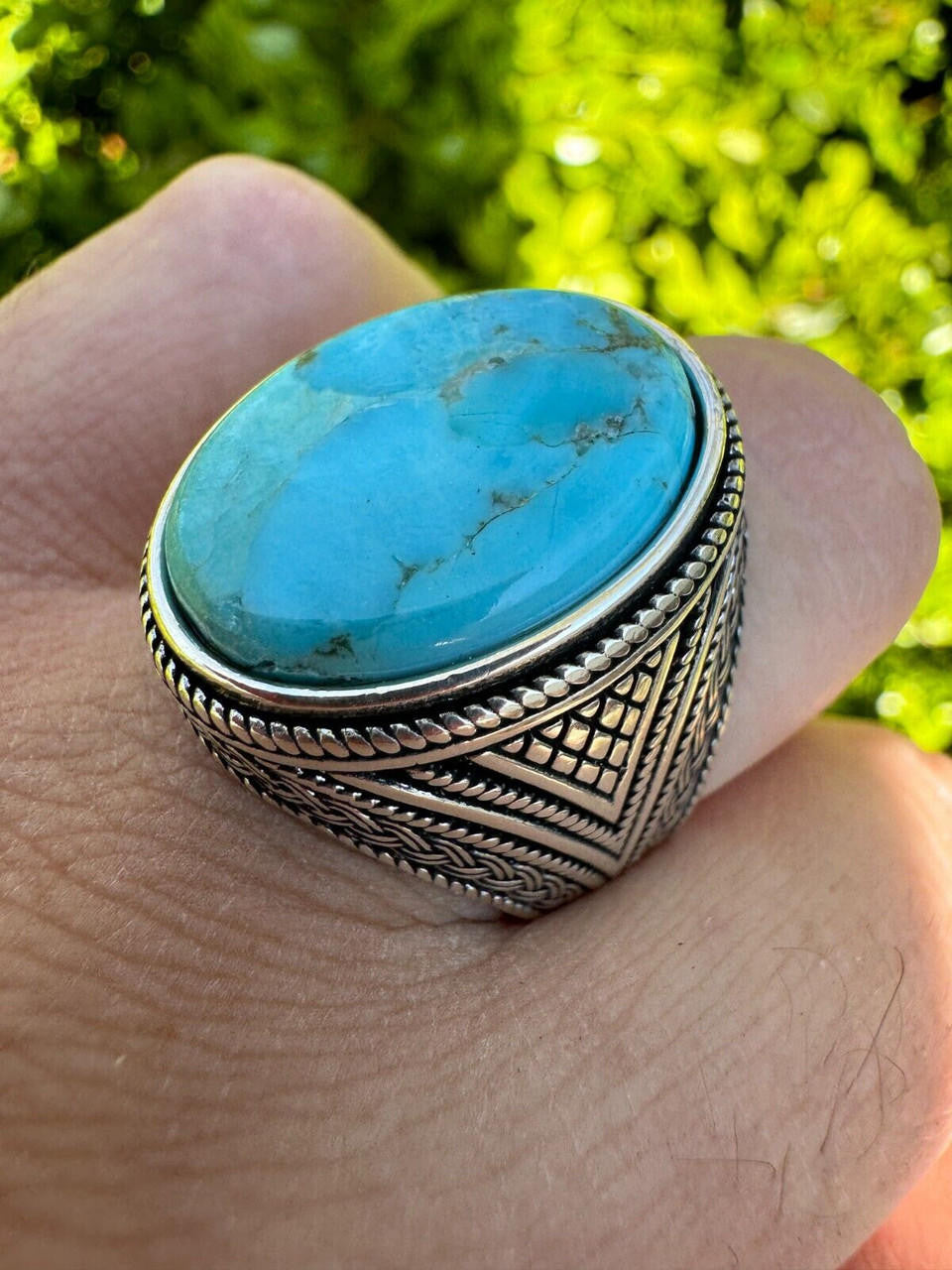 Wisdom Is Power Ring - 925 Silver Oxidized - Genuine Blue Turquoise Stone