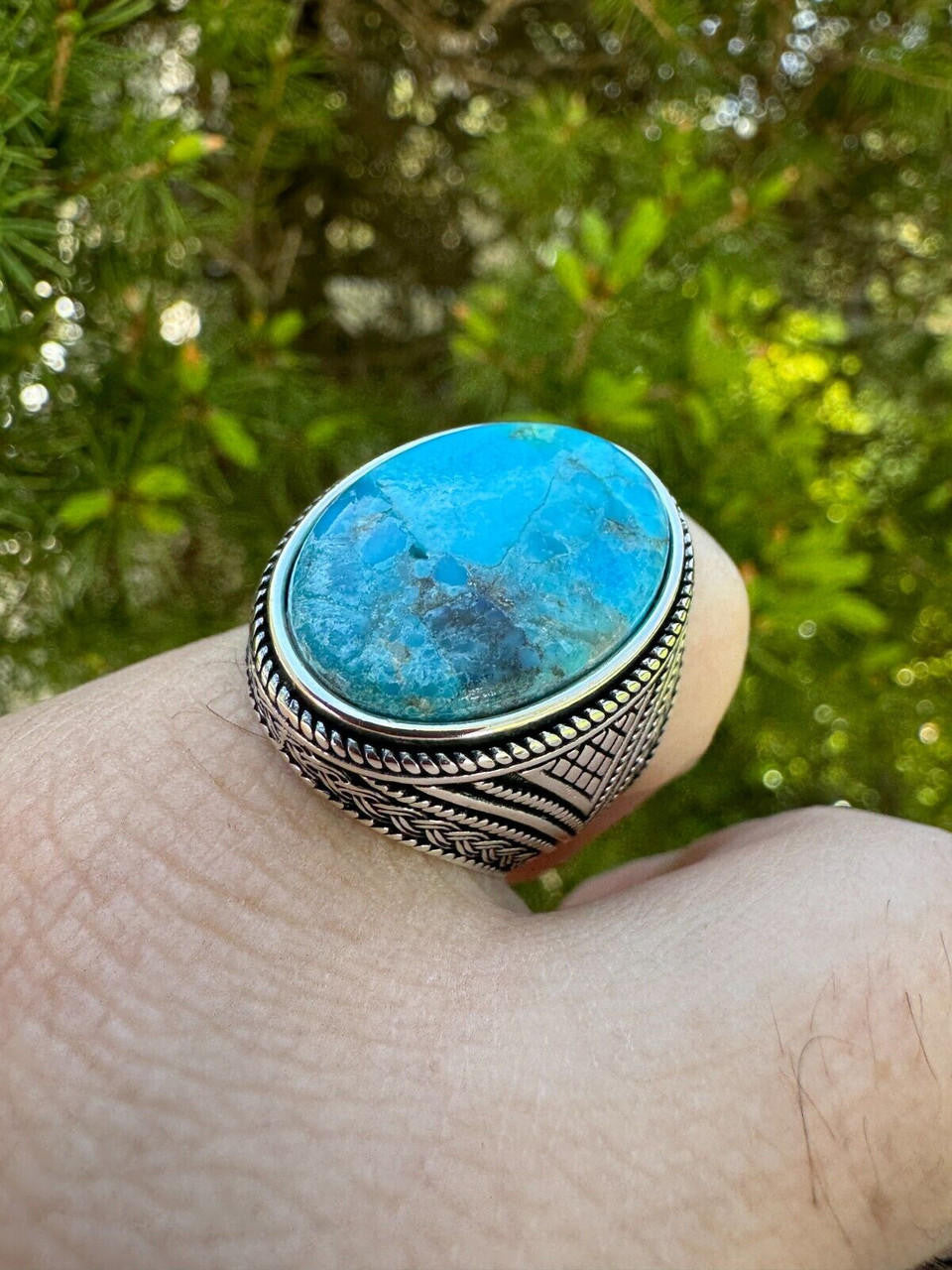Wisdom Is Power Ring - 925 Silver Oxidized - Genuine Blue Turquoise Stone