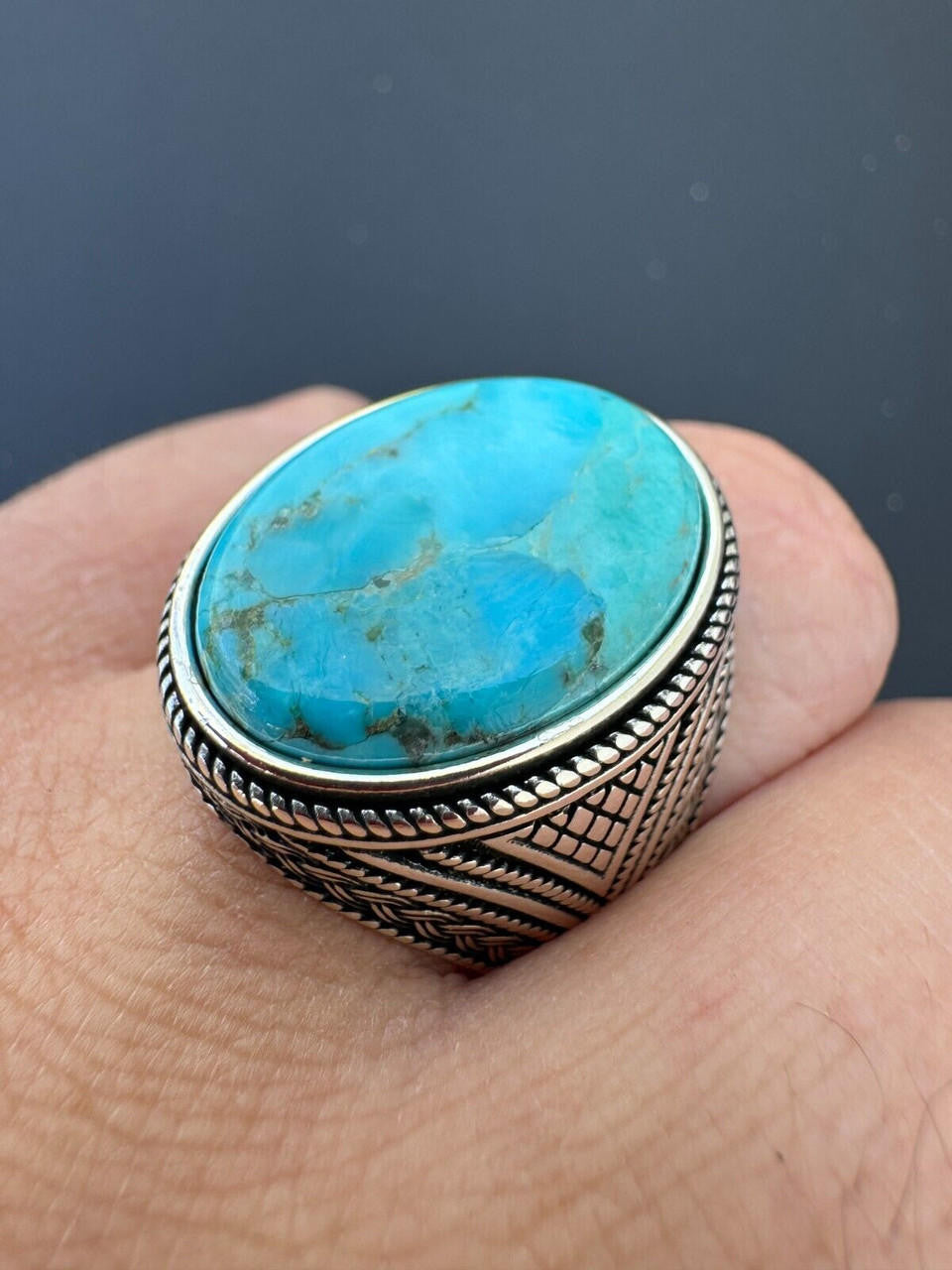 Wisdom Is Power Ring - 925 Silver Oxidized - Genuine Blue Turquoise Stone