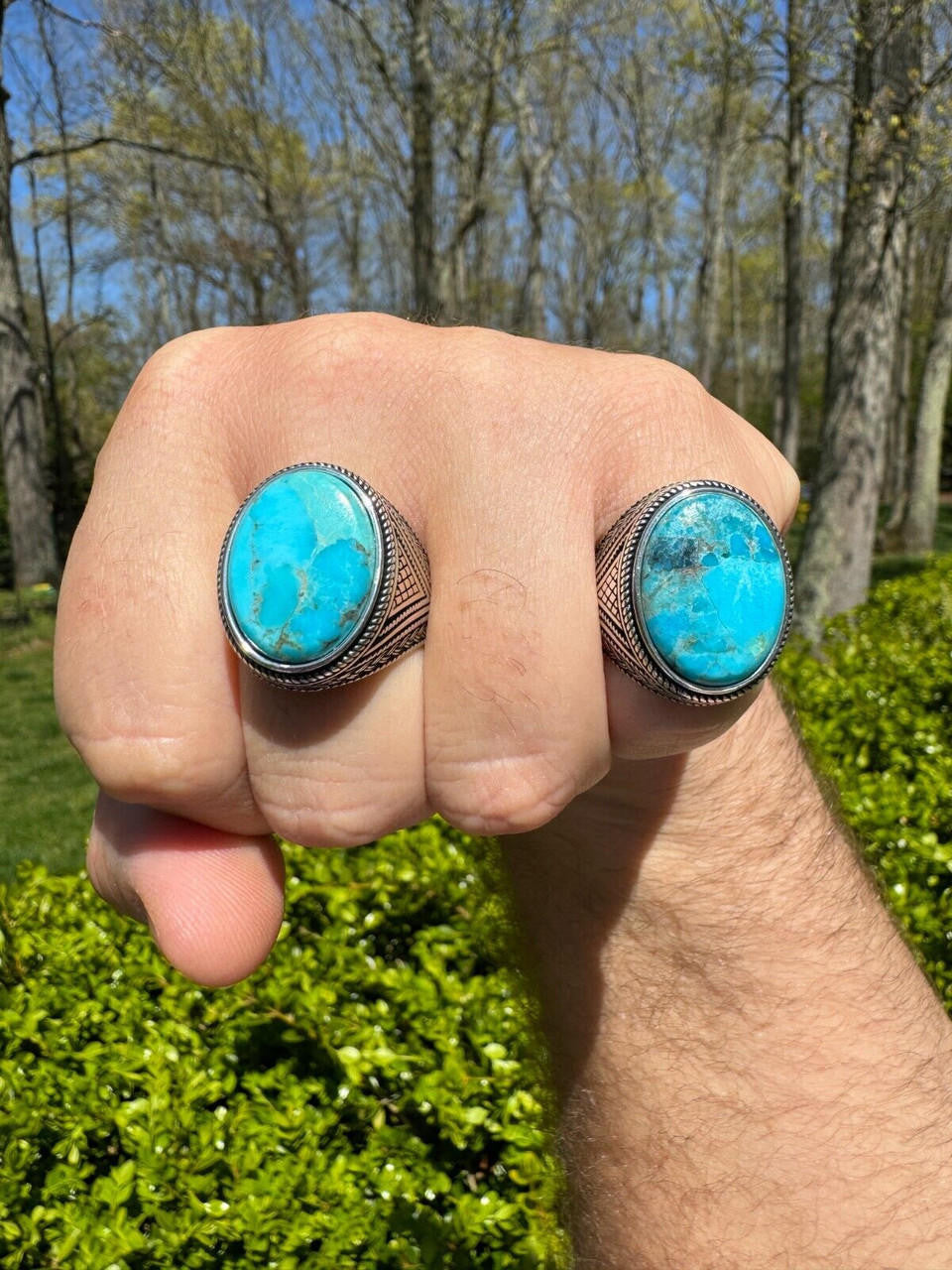 Wisdom Is Power Ring - 925 Silver Oxidized - Genuine Blue Turquoise Stone