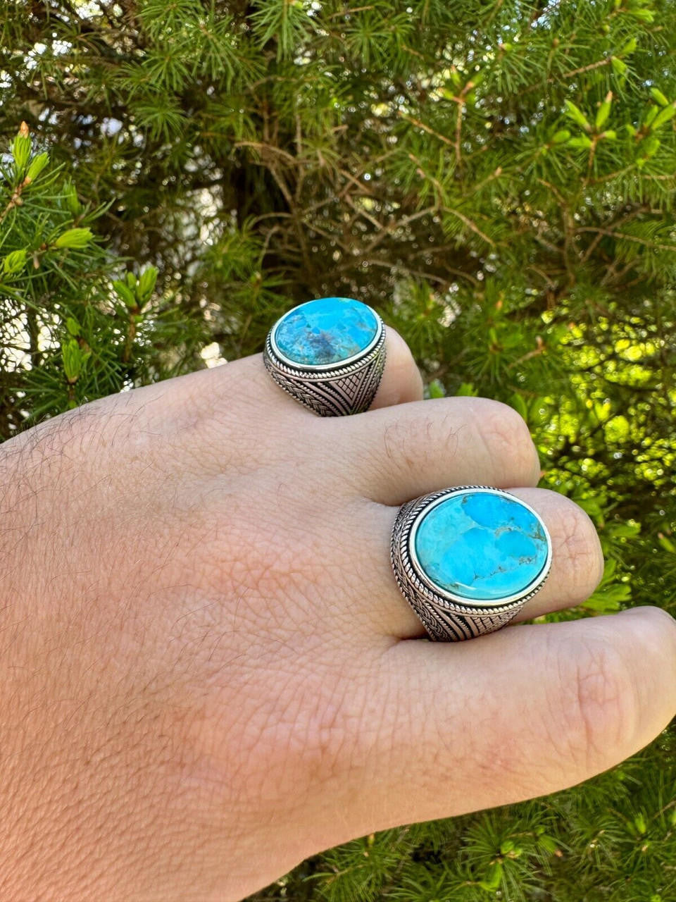 Wisdom Is Power Ring - 925 Silver Oxidized - Genuine Blue Turquoise Stone