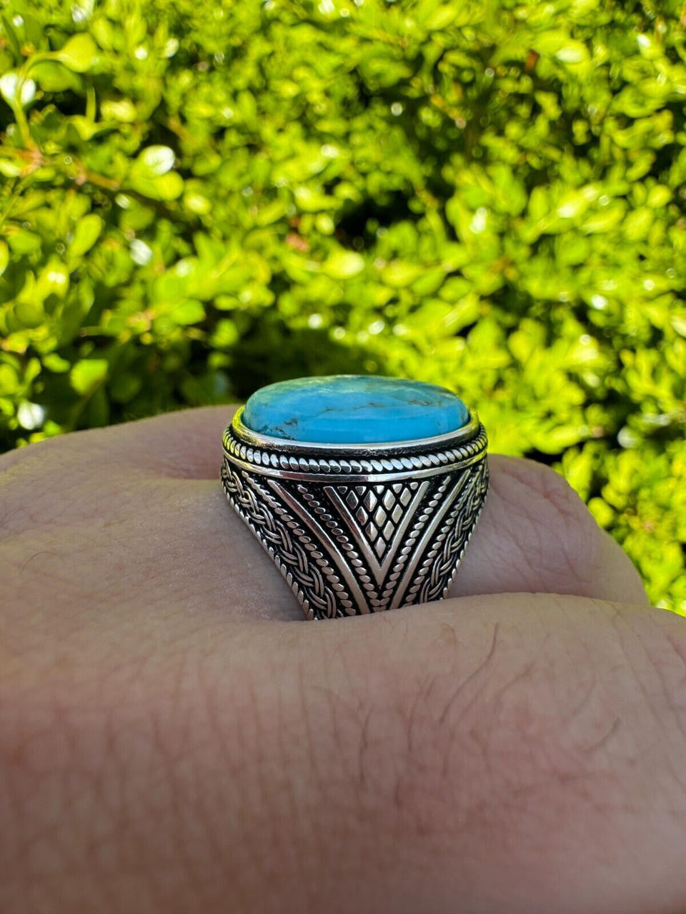 Wisdom Is Power Ring - 925 Silver Oxidized - Genuine Blue Turquoise Stone