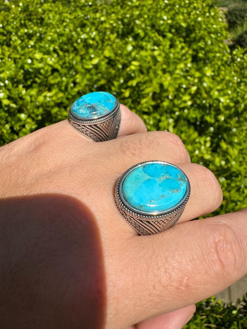 Wisdom Is Power Ring - 925 Silver Oxidized - Genuine Blue Turquoise Stone