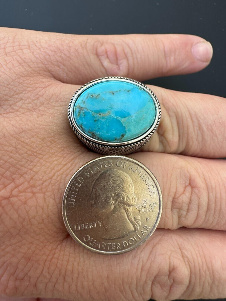 Wisdom Is Power Ring - 925 Silver Oxidized - Genuine Blue Turquoise Stone
