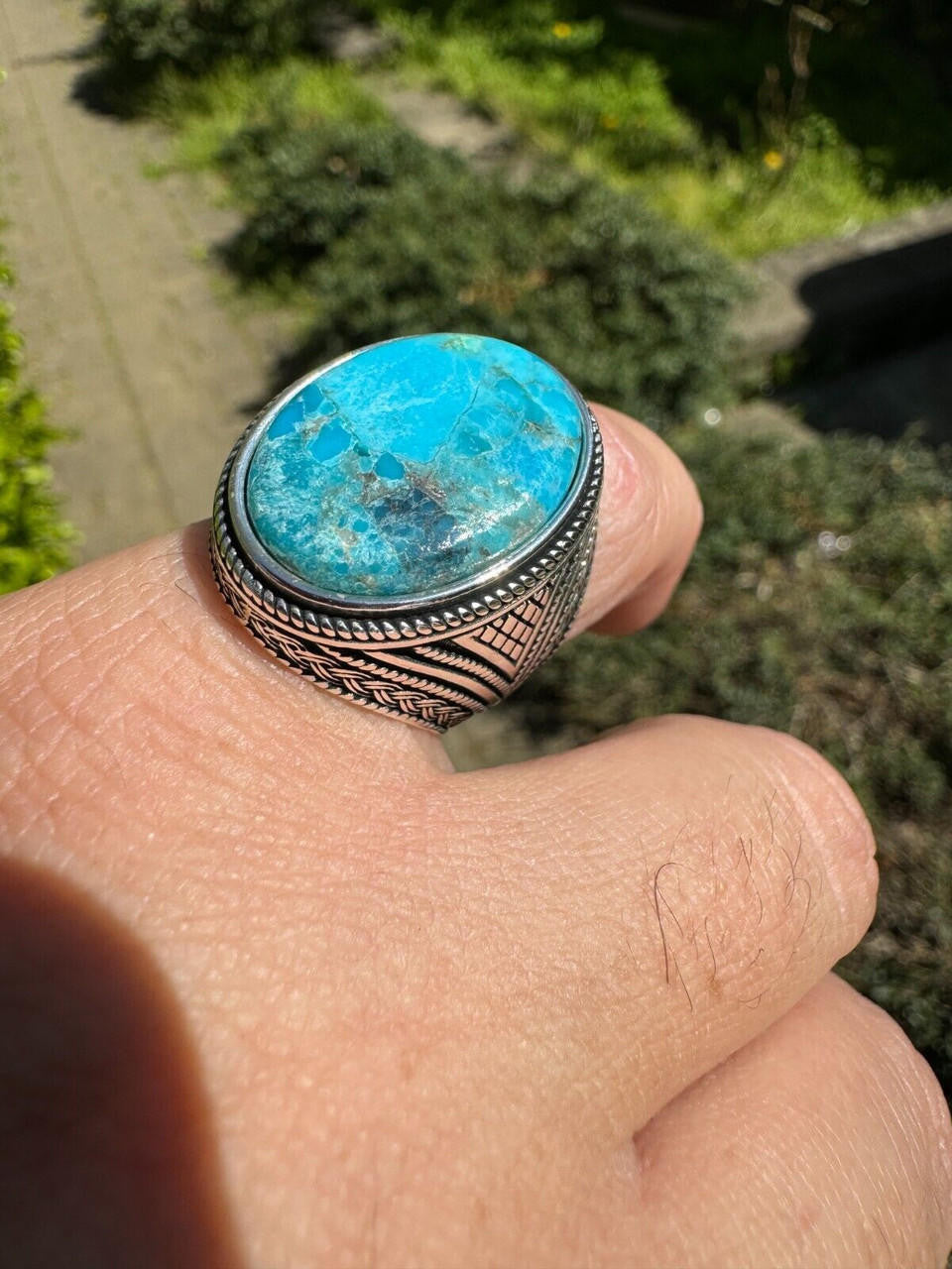 Wisdom Is Power Ring - 925 Silver Oxidized - Genuine Blue Turquoise Stone