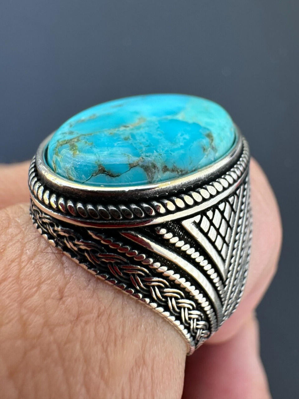 Wisdom Is Power Ring - 925 Silver Oxidized - Genuine Blue Turquoise Stone