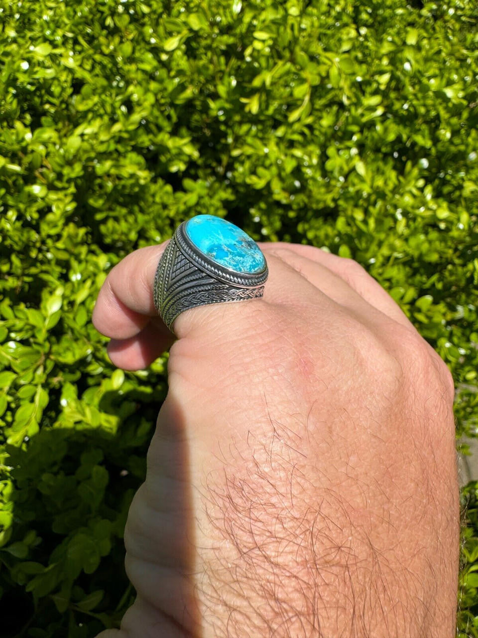 Wisdom Is Power Ring - 925 Silver Oxidized - Genuine Blue Turquoise Stone