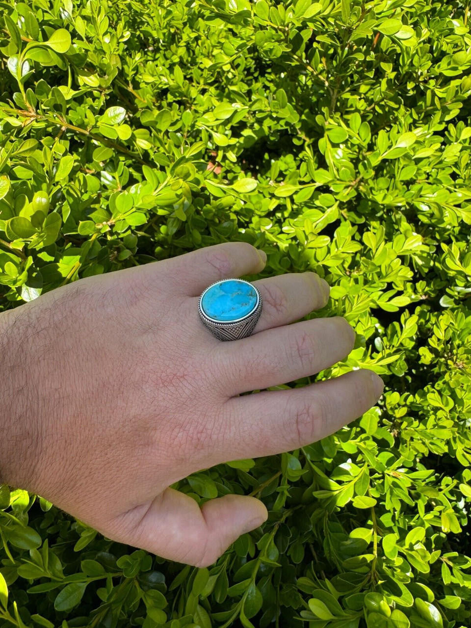 Wisdom Is Power Ring - 925 Silver Oxidized - Genuine Blue Turquoise Stone