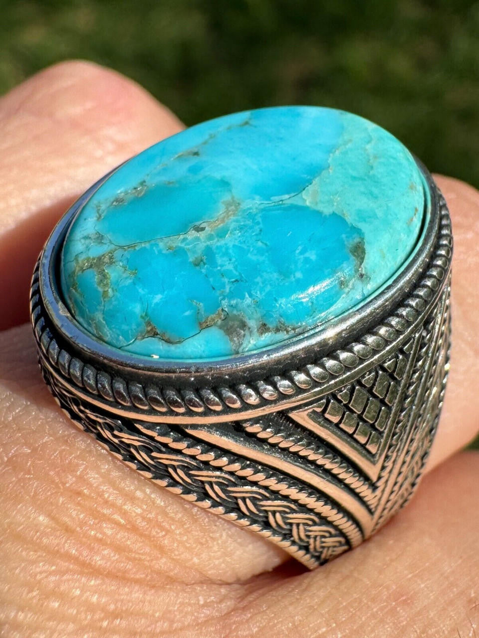 Wisdom Is Power Ring - 925 Silver Oxidized - Genuine Blue Turquoise Stone