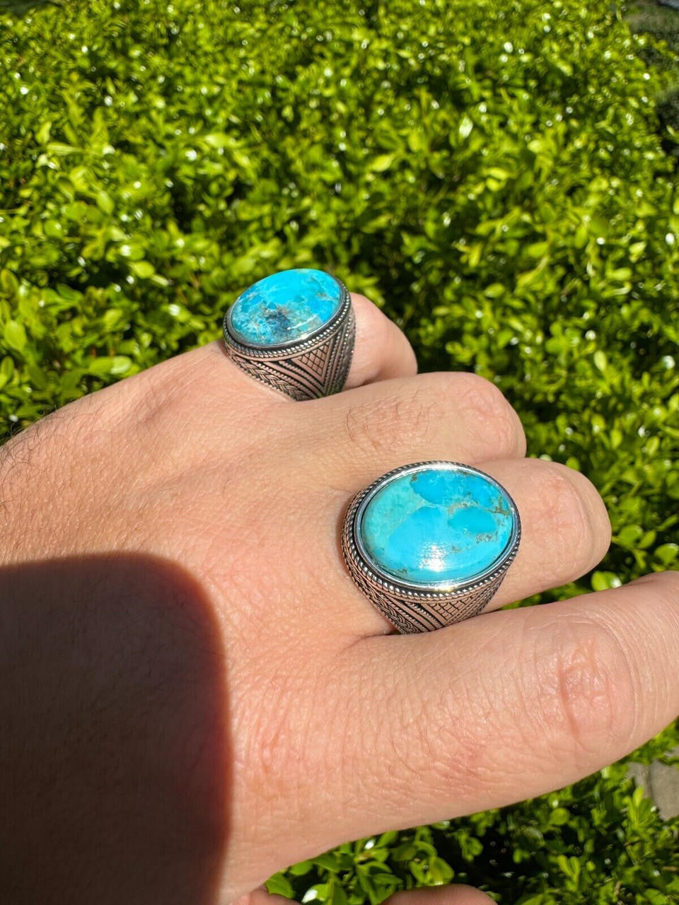 Wisdom Is Power Ring - 925 Silver Oxidized - Genuine Blue Turquoise Stone
