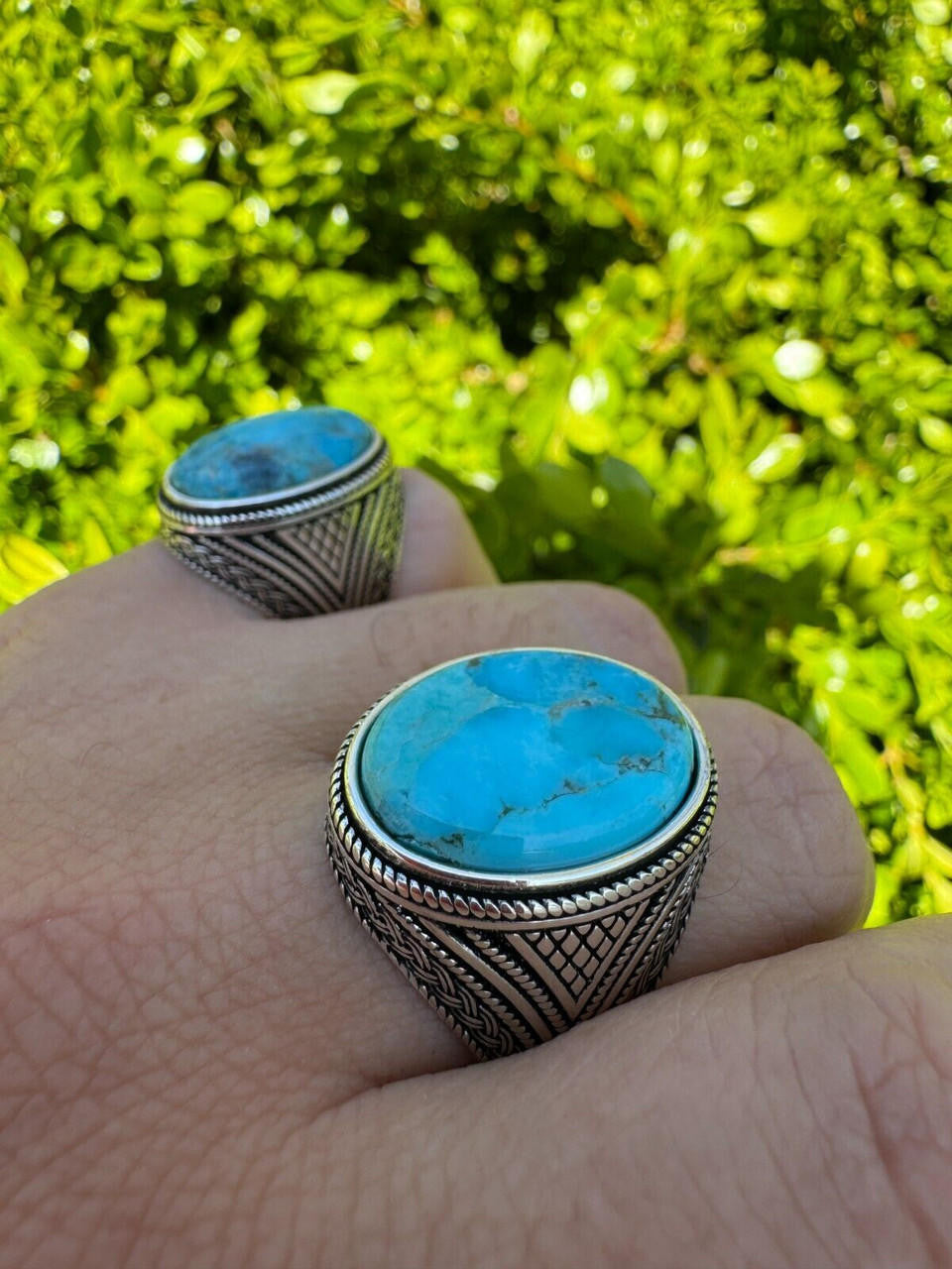 Wisdom Is Power Ring - 925 Silver Oxidized - Genuine Blue Turquoise Stone