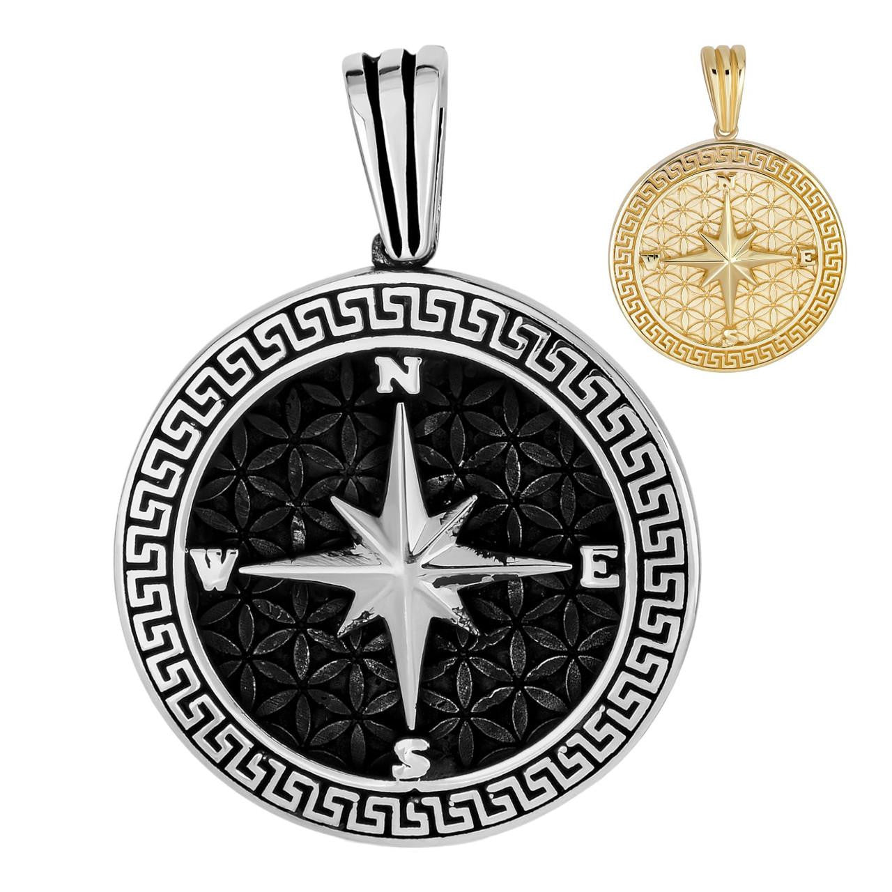North Star Compass Medallion Vintage Pendant - 14k Gold Vermeil Or Oxidized 925 Silver - Small 1.5"