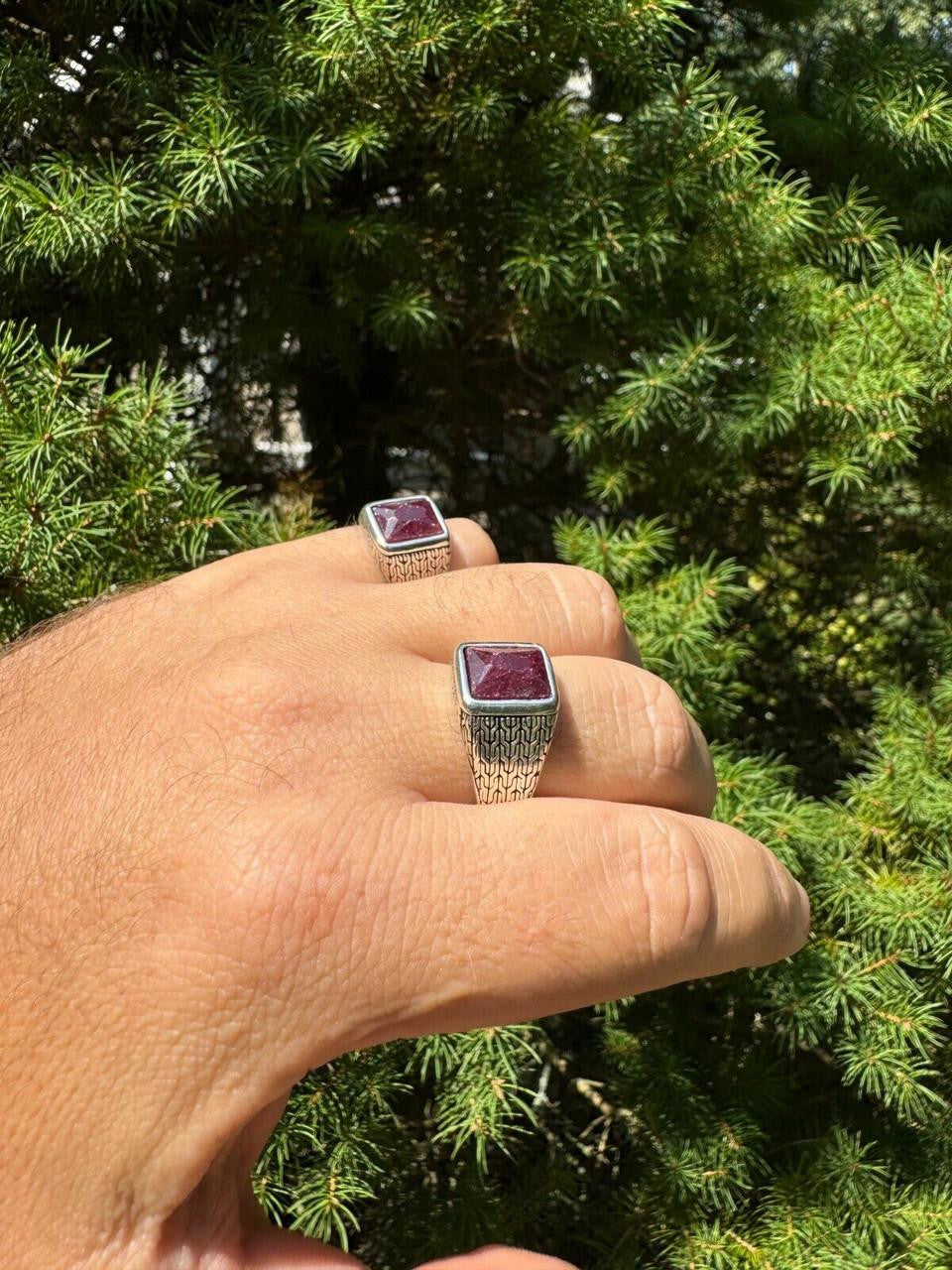 NYC Natural Blood Ring - 925 Silver Oxidized - Genuine Red Ruby Stone