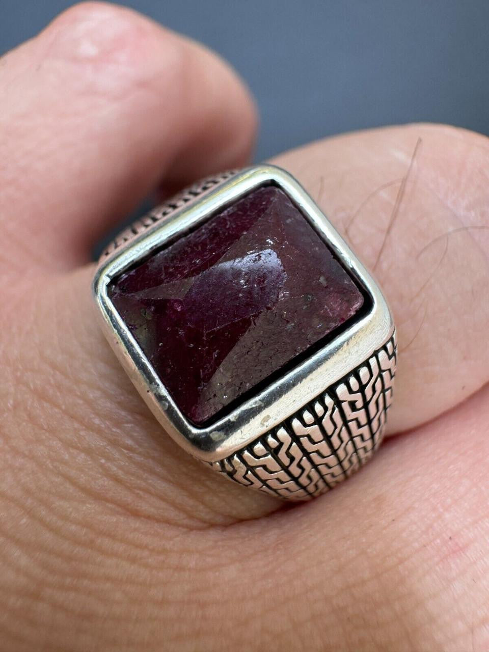 NYC Natural Blood Ring - 925 Silver Oxidized - Genuine Red Ruby Stone