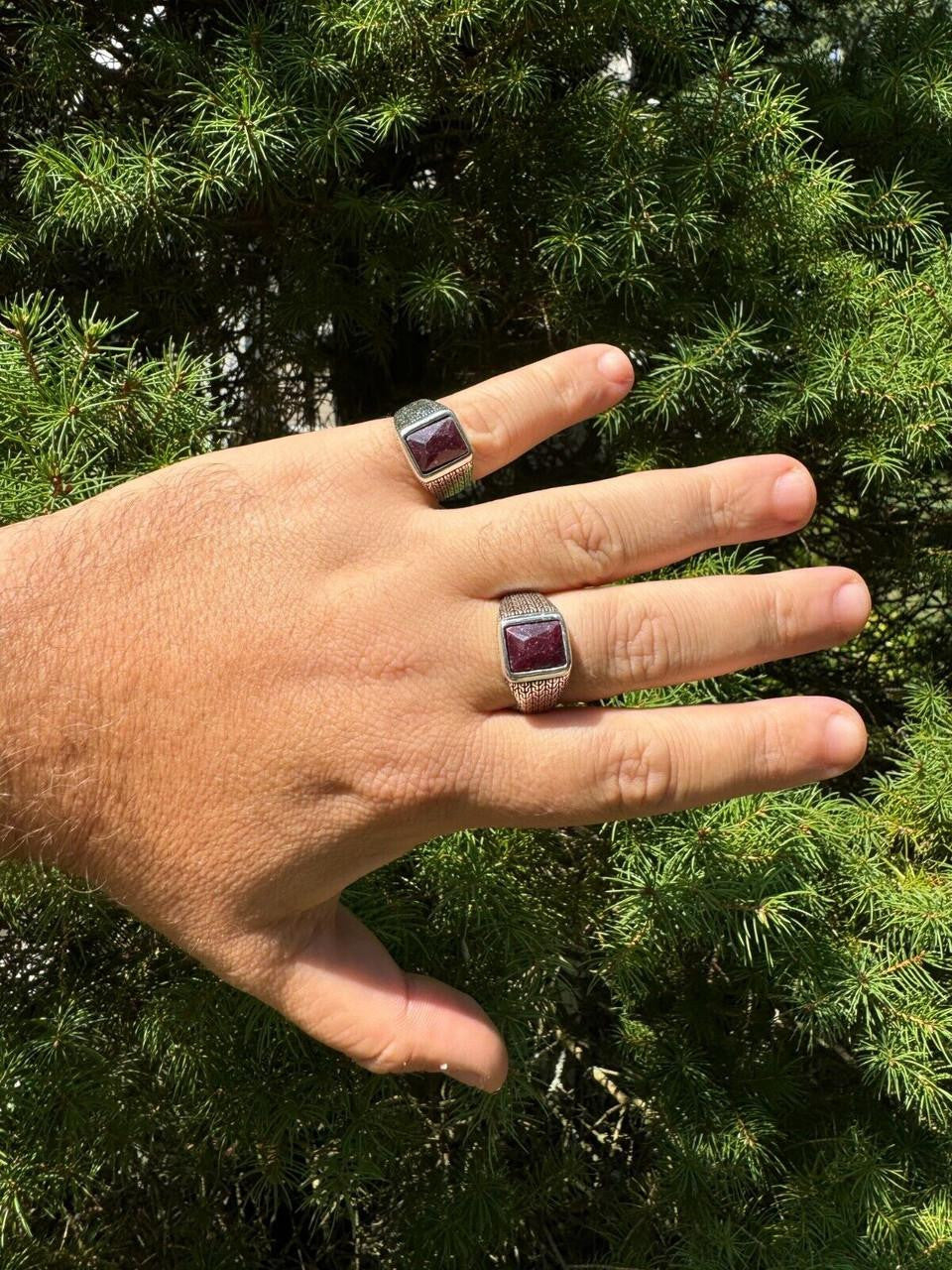 NYC Natural Blood Ring - 925 Silver Oxidized - Genuine Red Ruby Stone