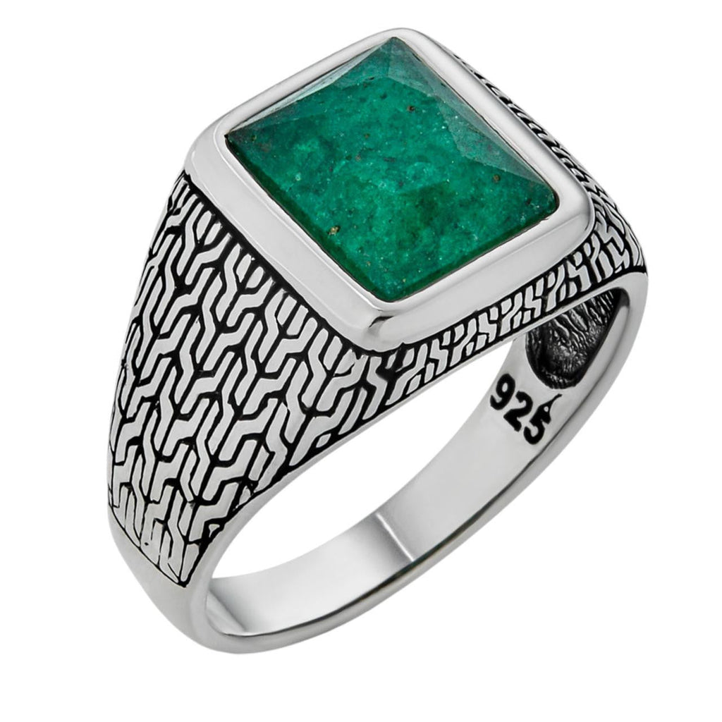 NYC Natural Green Eye Ring - 925 Silver Oxidized - Genuine Green Emerald Stone
